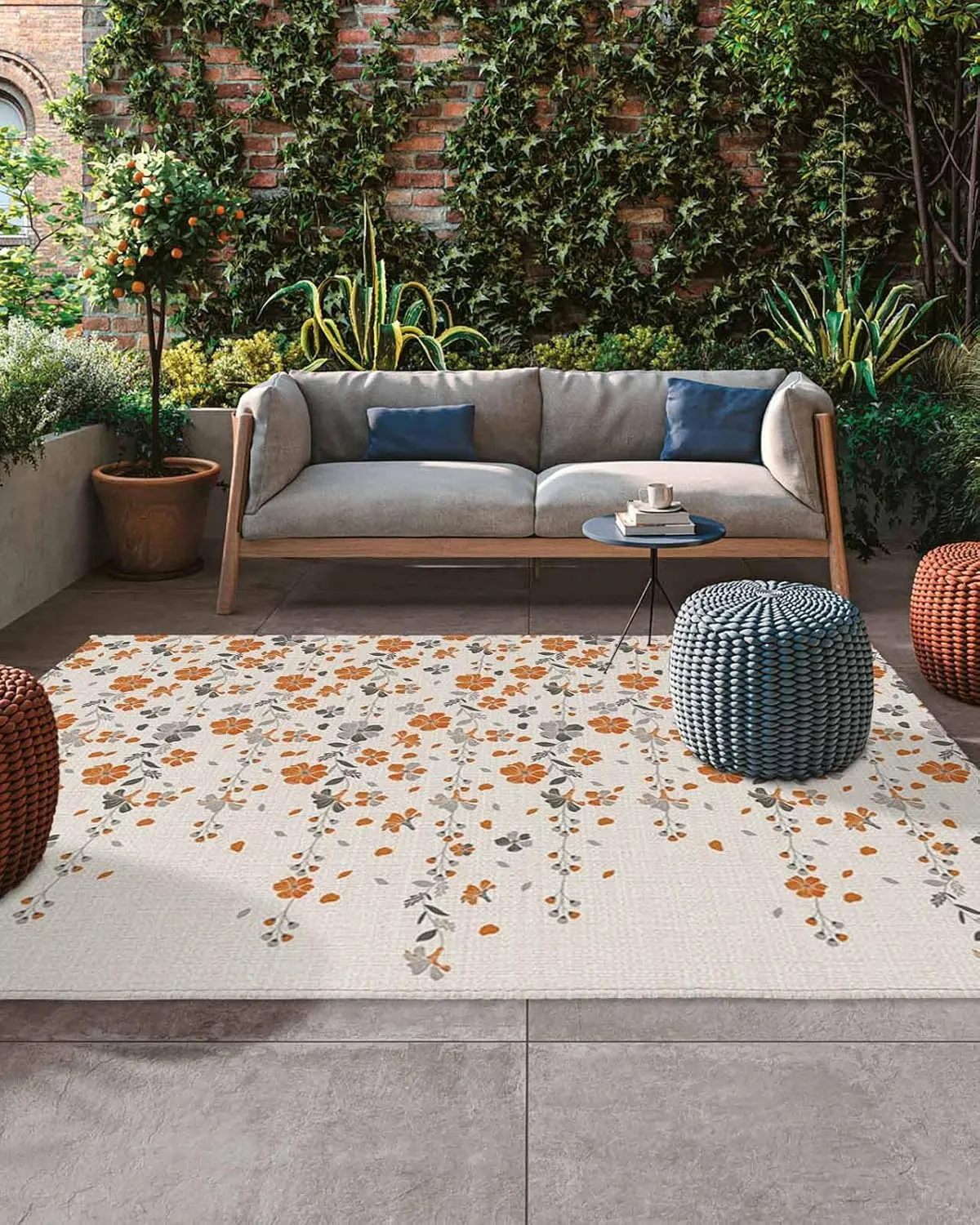 Outdoor Rug for Patio 4'x6' Flower Orange Grey Cherry Blossoms Cotton Linen Background Outdoor Area Rug Patio Mat Non-Slip Absorbent Camping Rugs Outside Carpet for Porch Deck Balcony RV Picnic