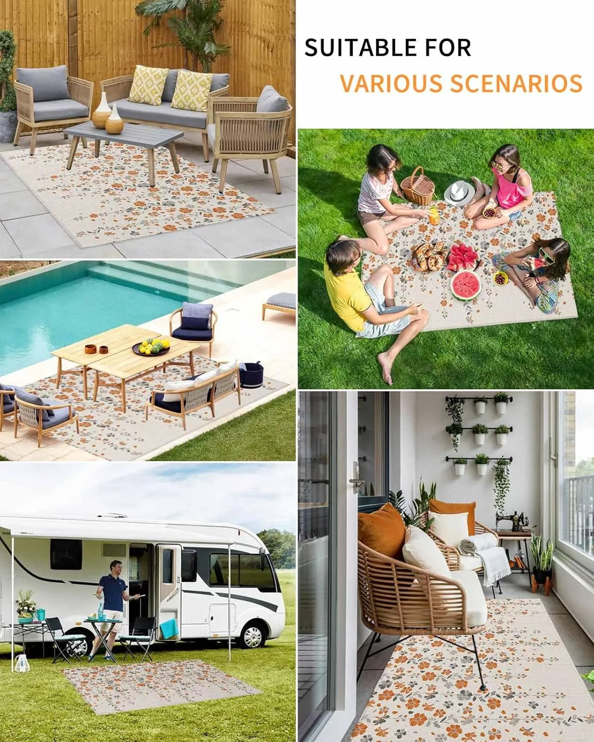 Outdoor Rug for Patio 4'x6' Flower Orange Grey Cherry Blossoms Cotton Linen Background Outdoor Area Rug Patio Mat Non-Slip Absorbent Camping Rugs Outside Carpet for Porch Deck Balcony RV Picnic