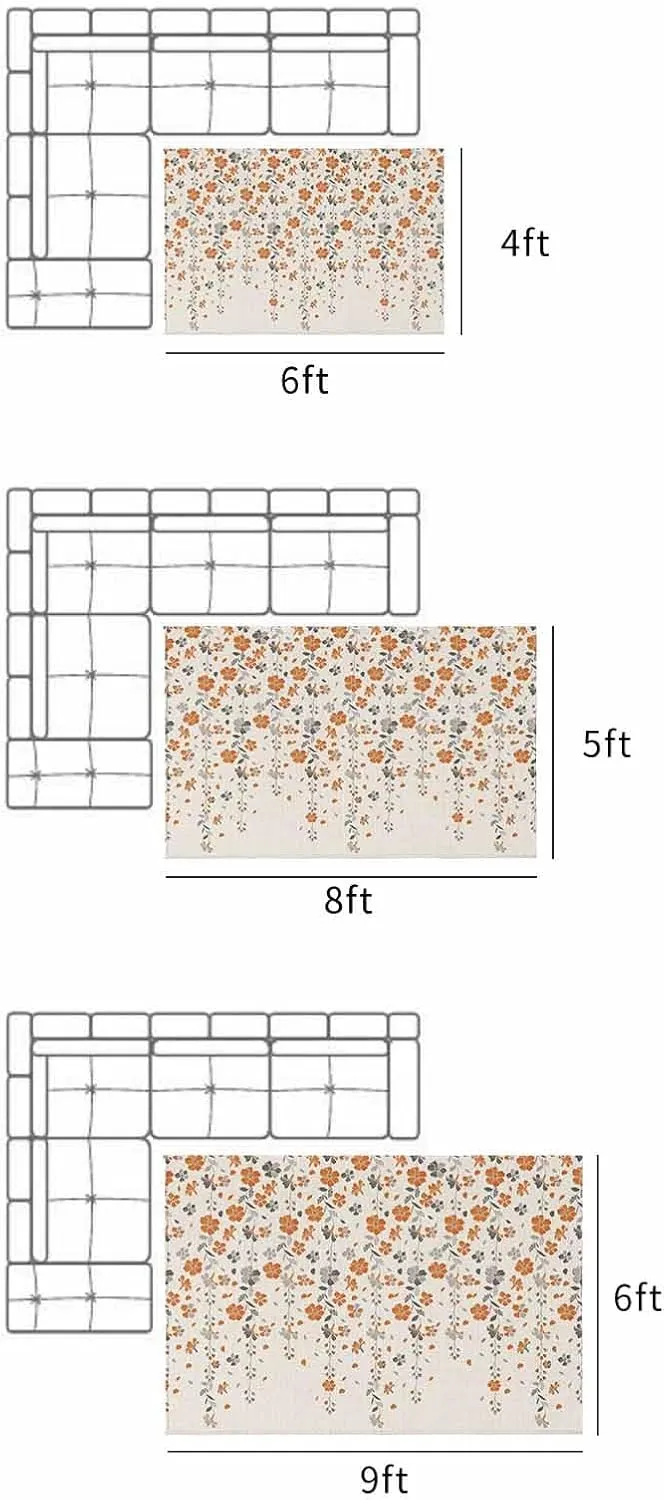 Outdoor Rug for Patio 4'x6' Flower Orange Grey Cherry Blossoms Cotton Linen Background Outdoor Area Rug Patio Mat Non-Slip Absorbent Camping Rugs Outside Carpet for Porch Deck Balcony RV Picnic