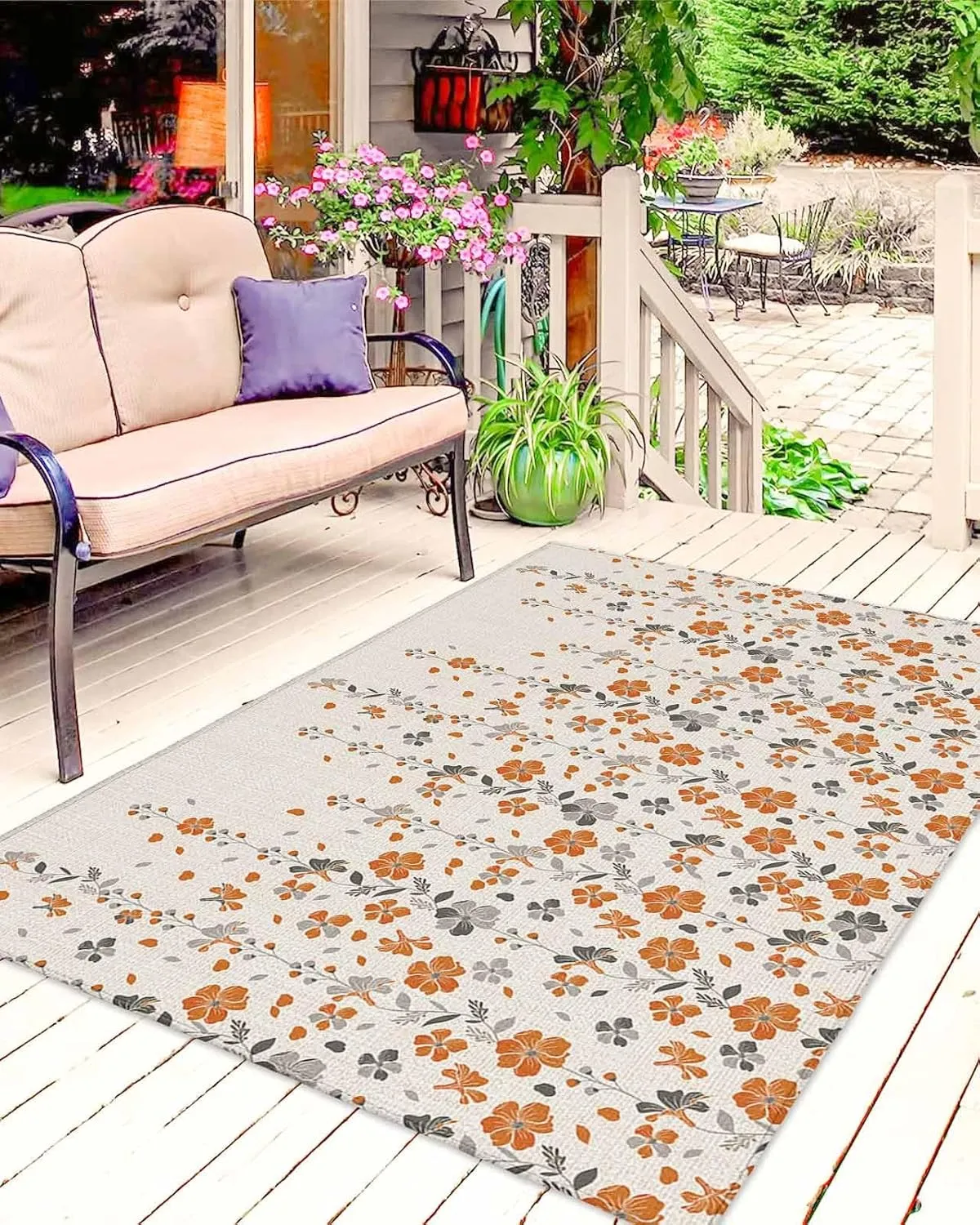 Outdoor Rug for Patio 4'x6' Flower Orange Grey Cherry Blossoms Cotton Linen Background Outdoor Area Rug Patio Mat Non-Slip Absorbent Camping Rugs Outside Carpet for Porch Deck Balcony RV Picnic
