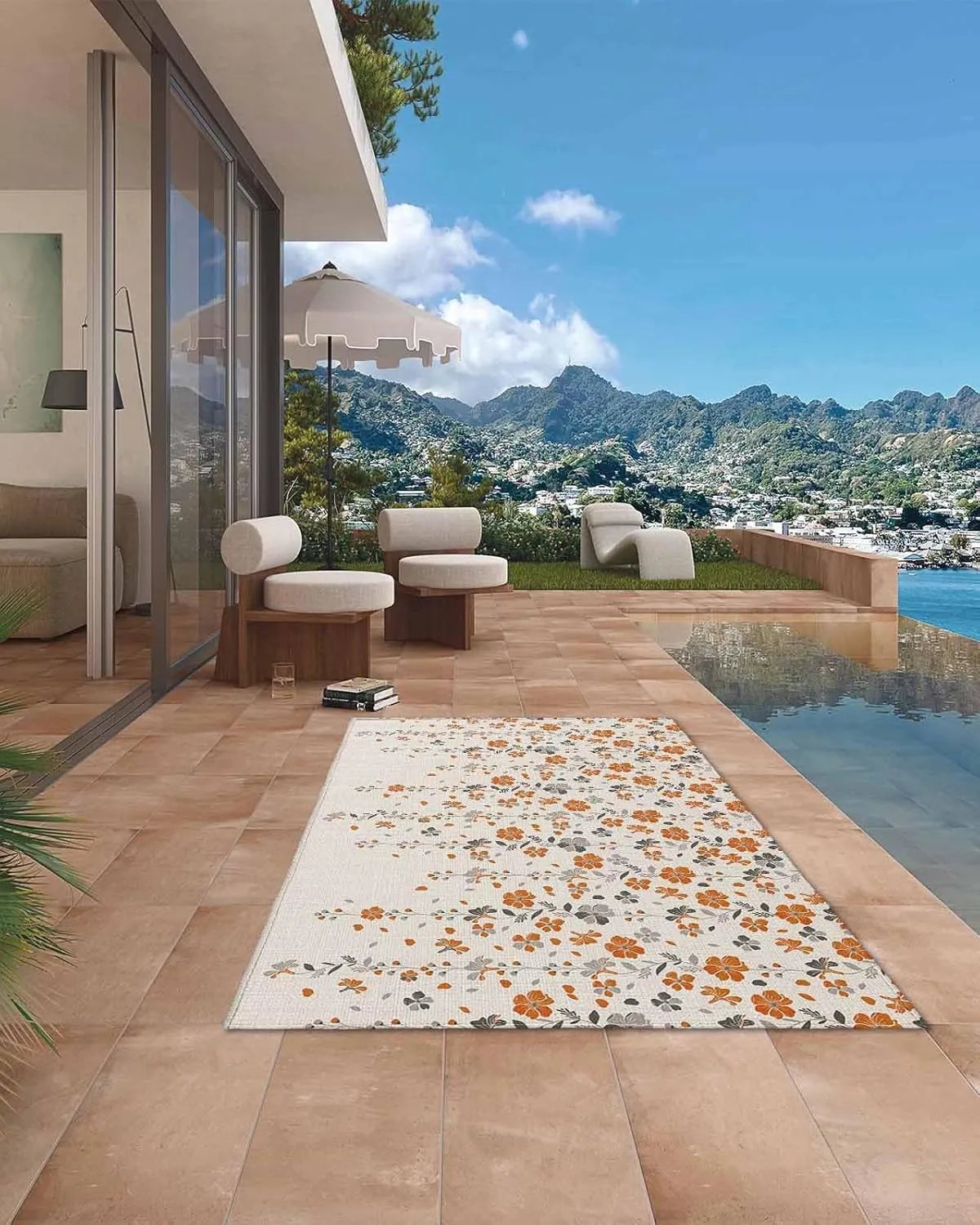 Outdoor Rug for Patio 4'x6' Flower Orange Grey Cherry Blossoms Cotton Linen Background Outdoor Area Rug Patio Mat Non-Slip Absorbent Camping Rugs Outside Carpet for Porch Deck Balcony RV Picnic