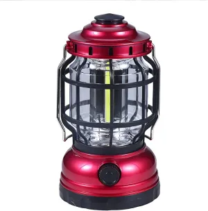 Outdoor Solar Rechargeable Retro Camping Lantern with COB Light Source and Red Charging, Classic Camping Essential