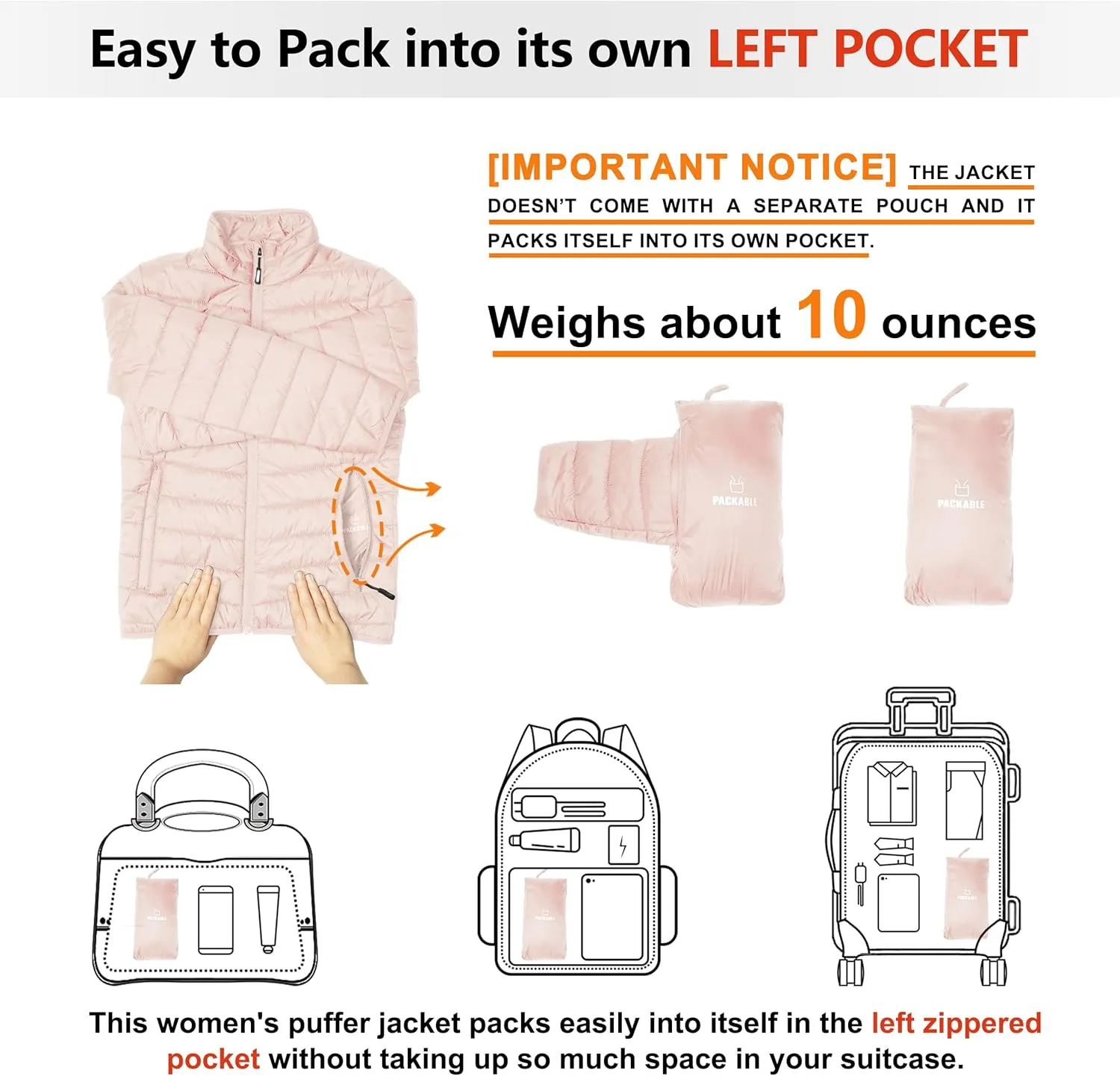 Outdoor Ventures Women's Packable Full-Zip Short Puffer Jacket Insulated Quilted Warm Lightweight Winter Coat
