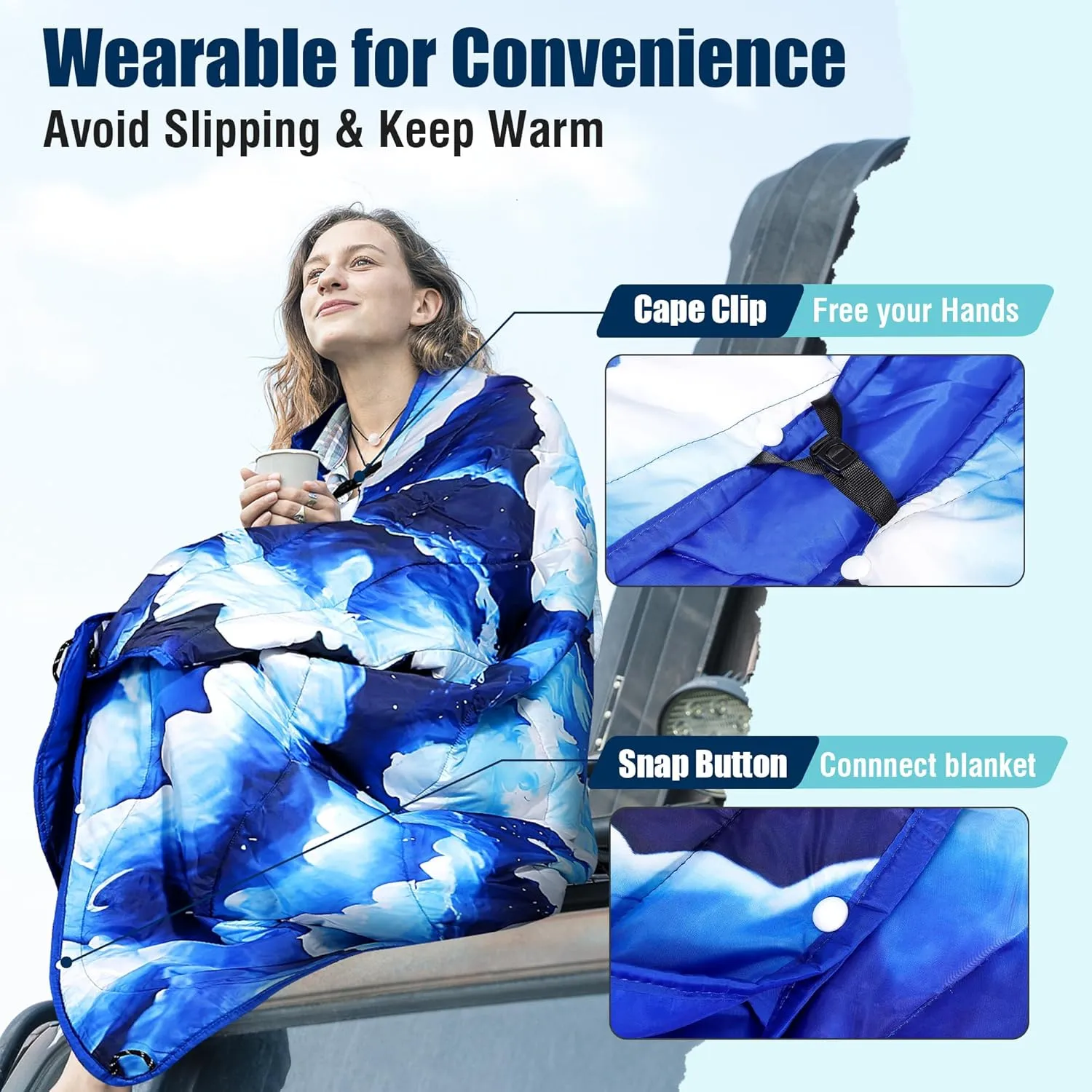 OUTSKIRT Camping Blanket, Outdoor Puffy Camping Blankets for Cold Weather, Wearable, Lightweight & Packable Camping Quilt for Traveling, Hiking, Festival & Stadium, Blue