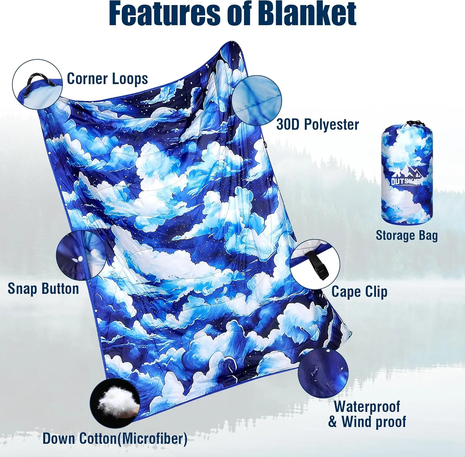 OUTSKIRT Camping Blanket, Outdoor Puffy Camping Blankets for Cold Weather, Wearable, Lightweight & Packable Camping Quilt for Traveling, Hiking, Festival & Stadium, Blue