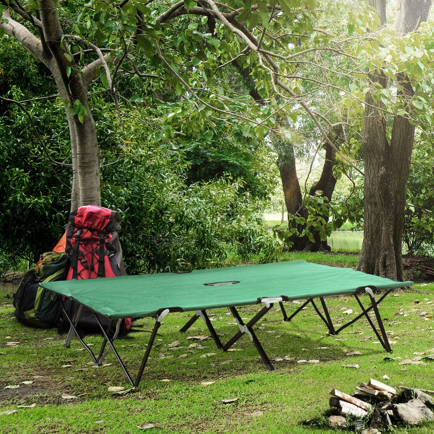 Outsunny 76" Two Person Folding Camping Cot With Carrying Bag, Green