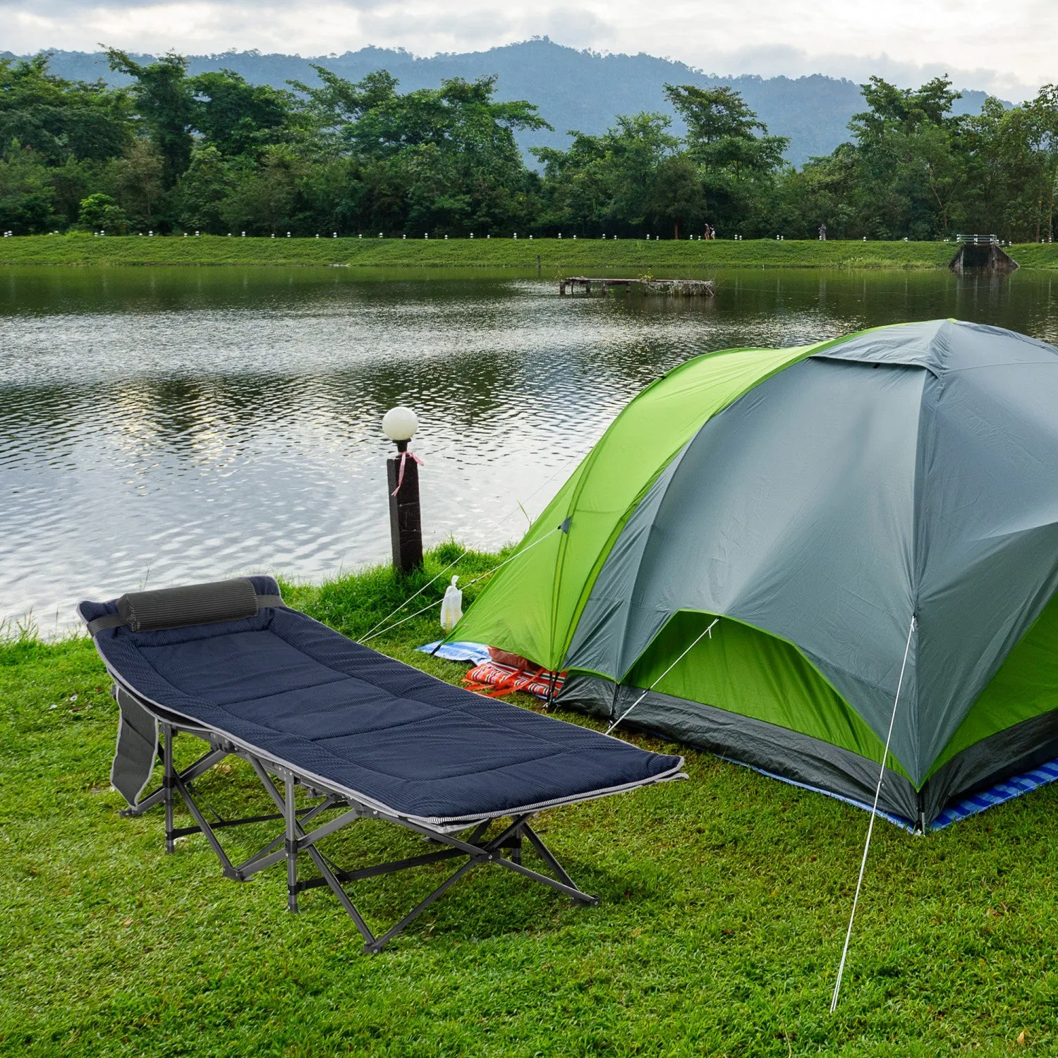 Outsunny Folding Camping Cot For Adults With Mattress & Pillow, Grey&blue