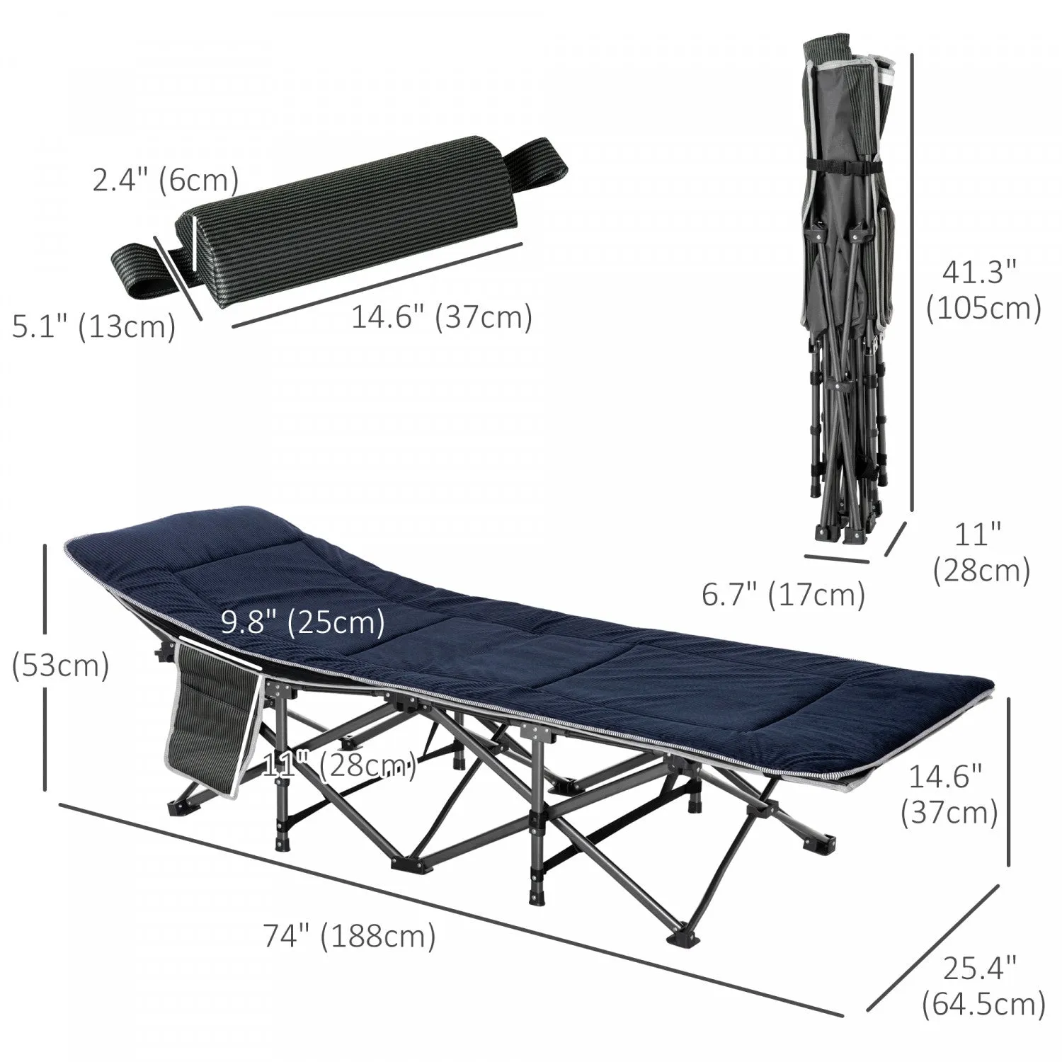 Outsunny Folding Camping Cot For Adults With Mattress & Pillow, Grey&blue