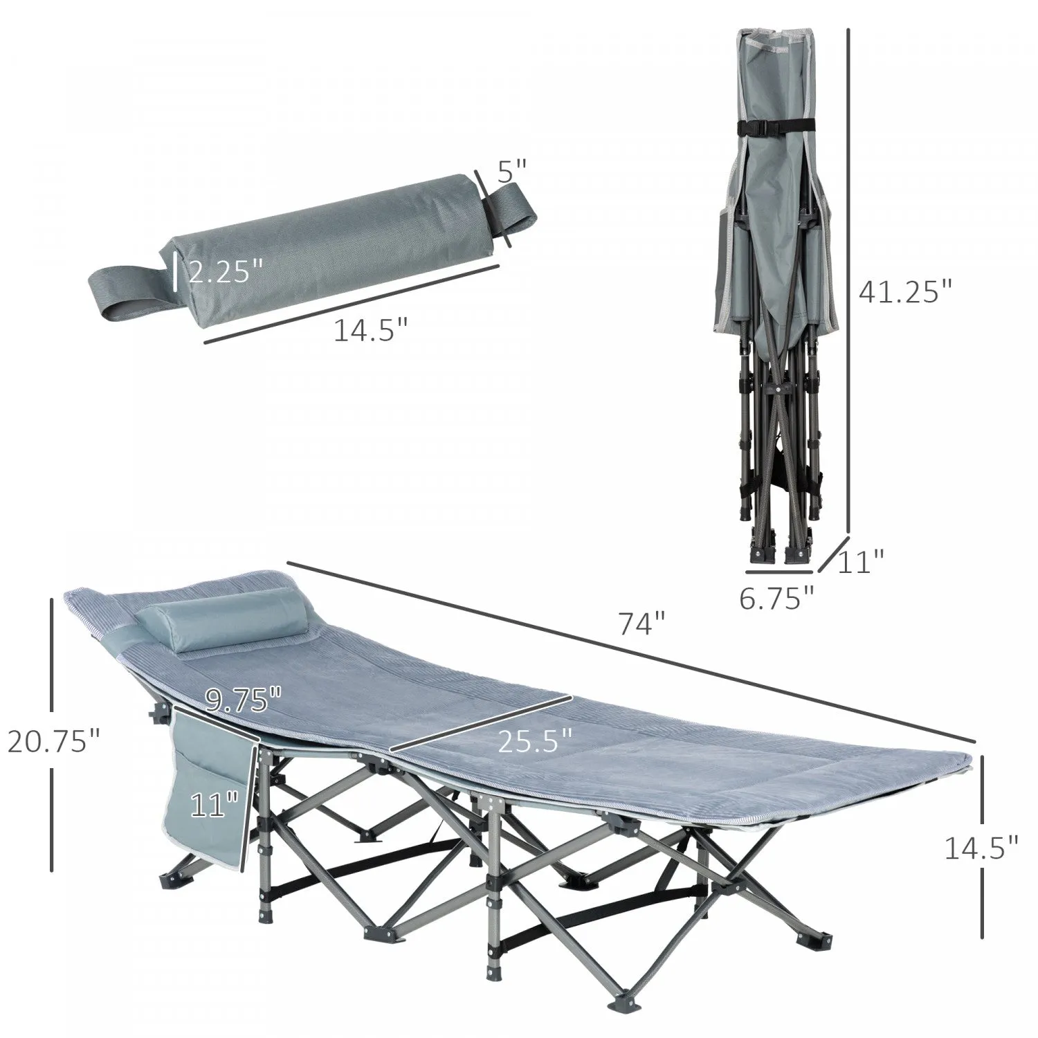 Outsunny Folding Camping Cot For Adults With Mattress Pillow Dark Grey