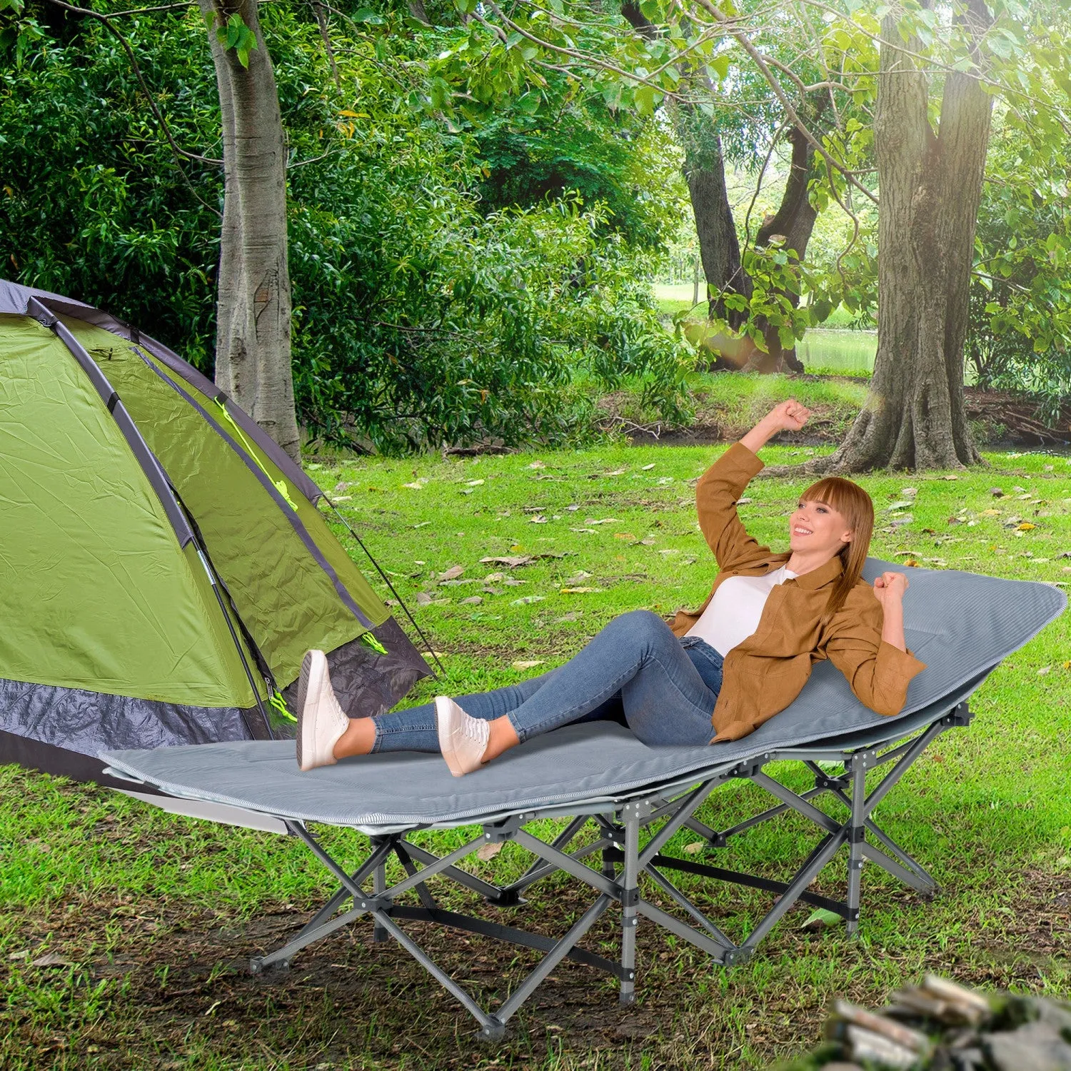 Outsunny Folding Camping Cot For Adults With Mattress Pillow Dark Grey