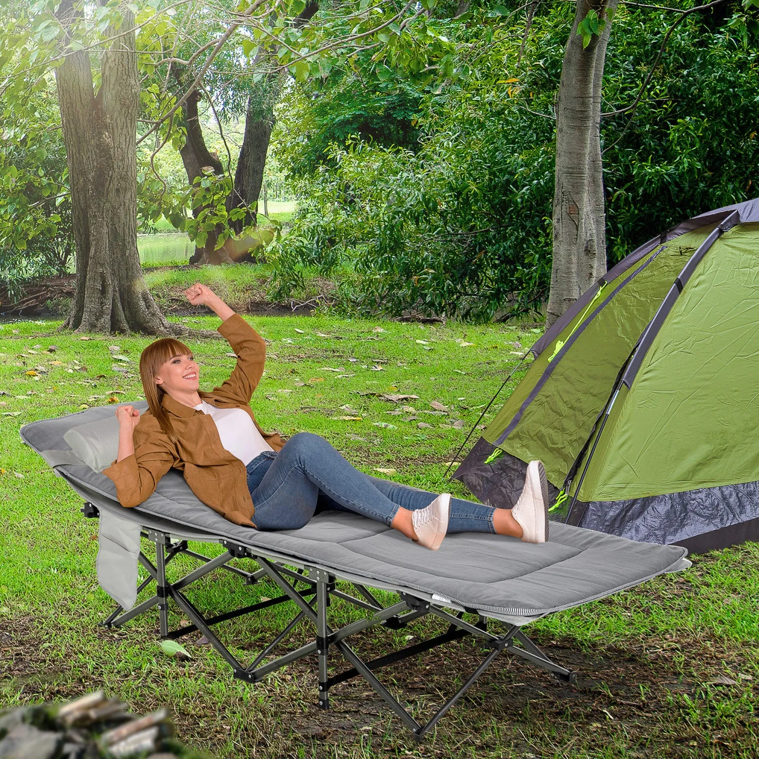 Outsunny Folding Camping Cot For Adults With Mattress Pillow Light Grey