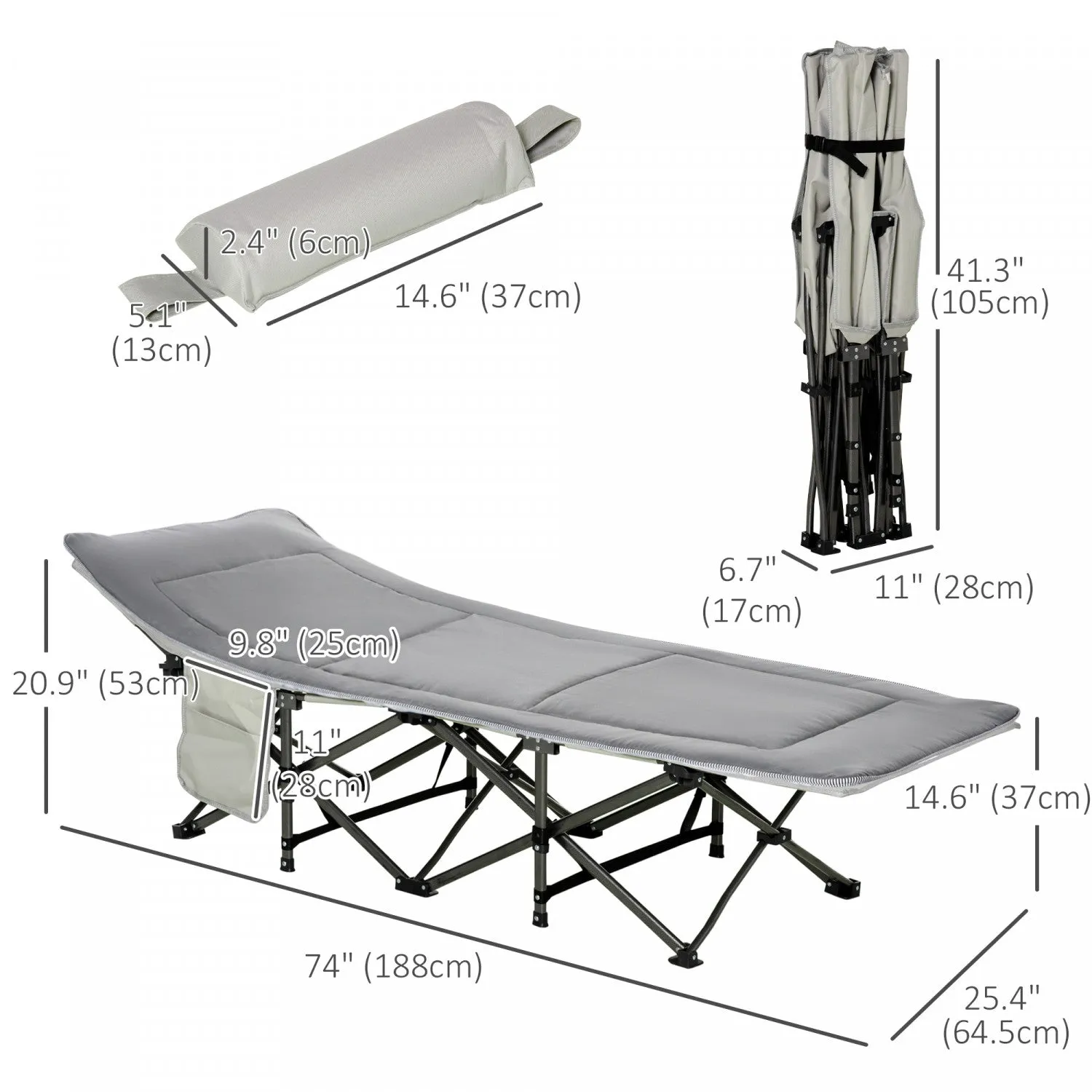 Outsunny Folding Camping Cot For Adults With Mattress Pillow Light Grey