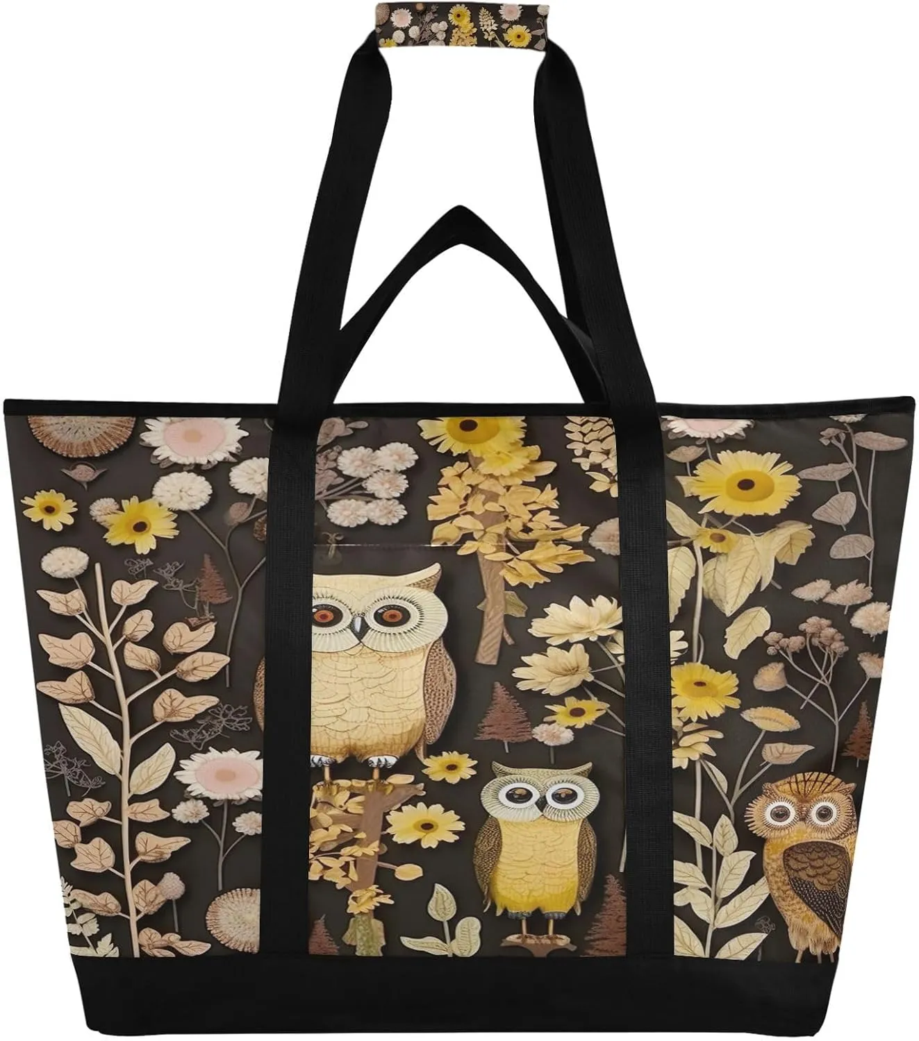 Owls Flowers Reusable Insulated Lunchbox Cooler Bag, Leakproof Kitchen Grocery Bag Collapsible Portable Cooler Tote Bag for Picnic, Camping, Office, Travel
