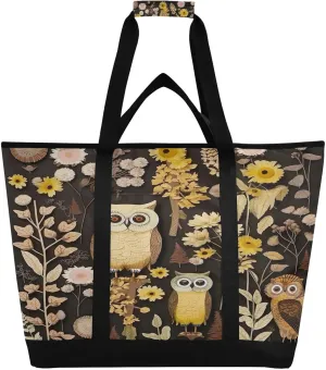 Owls Flowers Reusable Insulated Lunchbox Cooler Bag, Leakproof Kitchen Grocery Bag Collapsible Portable Cooler Tote Bag for Picnic, Camping, Office, Travel