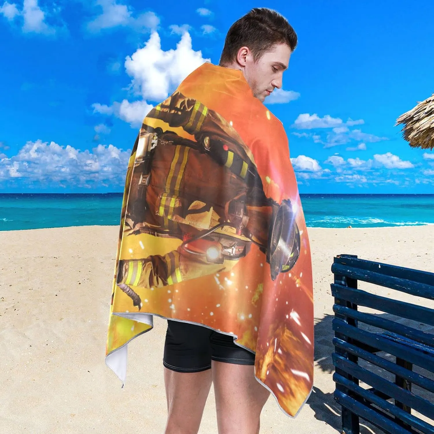 Oyihfvs Firefighter Survivors with Tools Fire Background Quick Drying Beach Towel, Foldable Yoga Towel, Soft Sport Towel, Sweat Absorbent Towel with Storage Mesh Bag 30 x 60 inch (S)