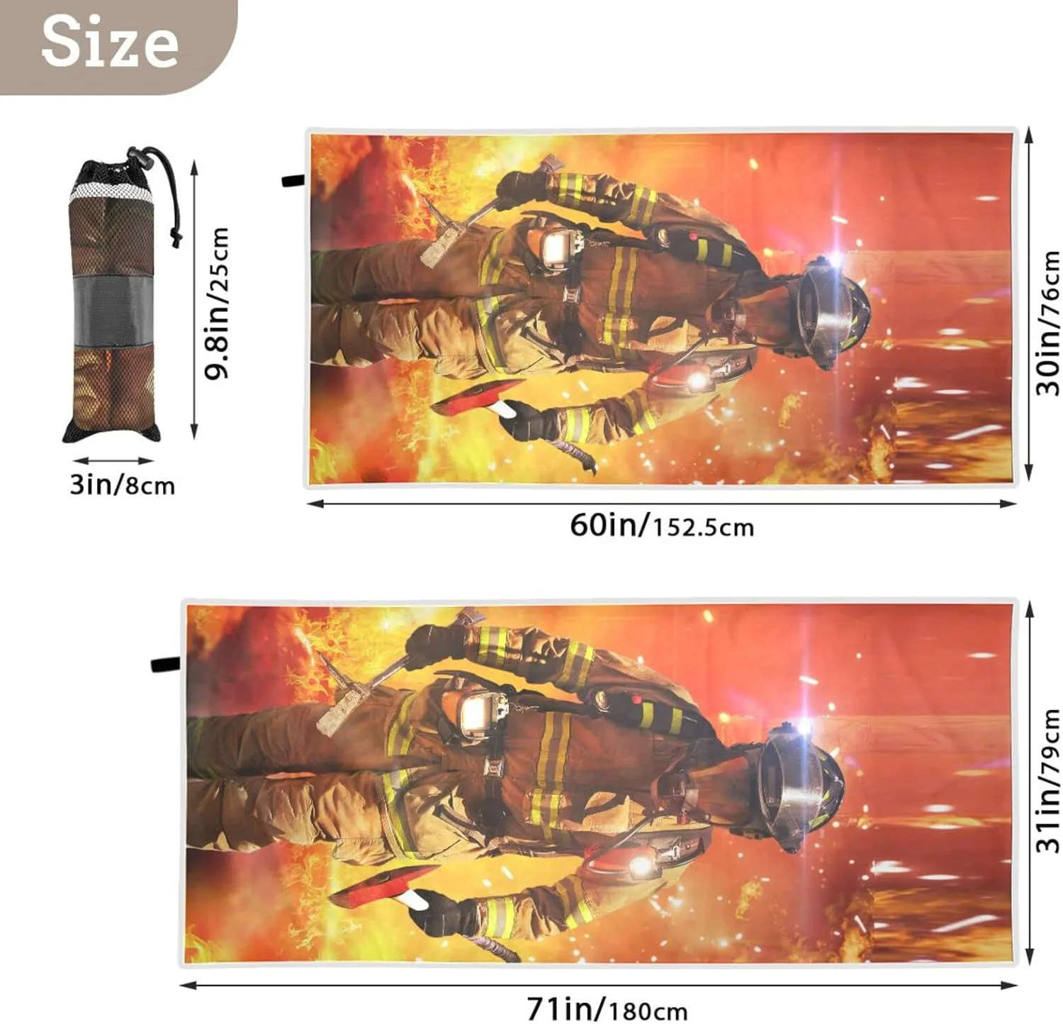 Oyihfvs Firefighter Survivors with Tools Fire Background Quick Drying Beach Towel, Foldable Yoga Towel, Soft Sport Towel, Sweat Absorbent Towel with Storage Mesh Bag 30 x 60 inch (S)