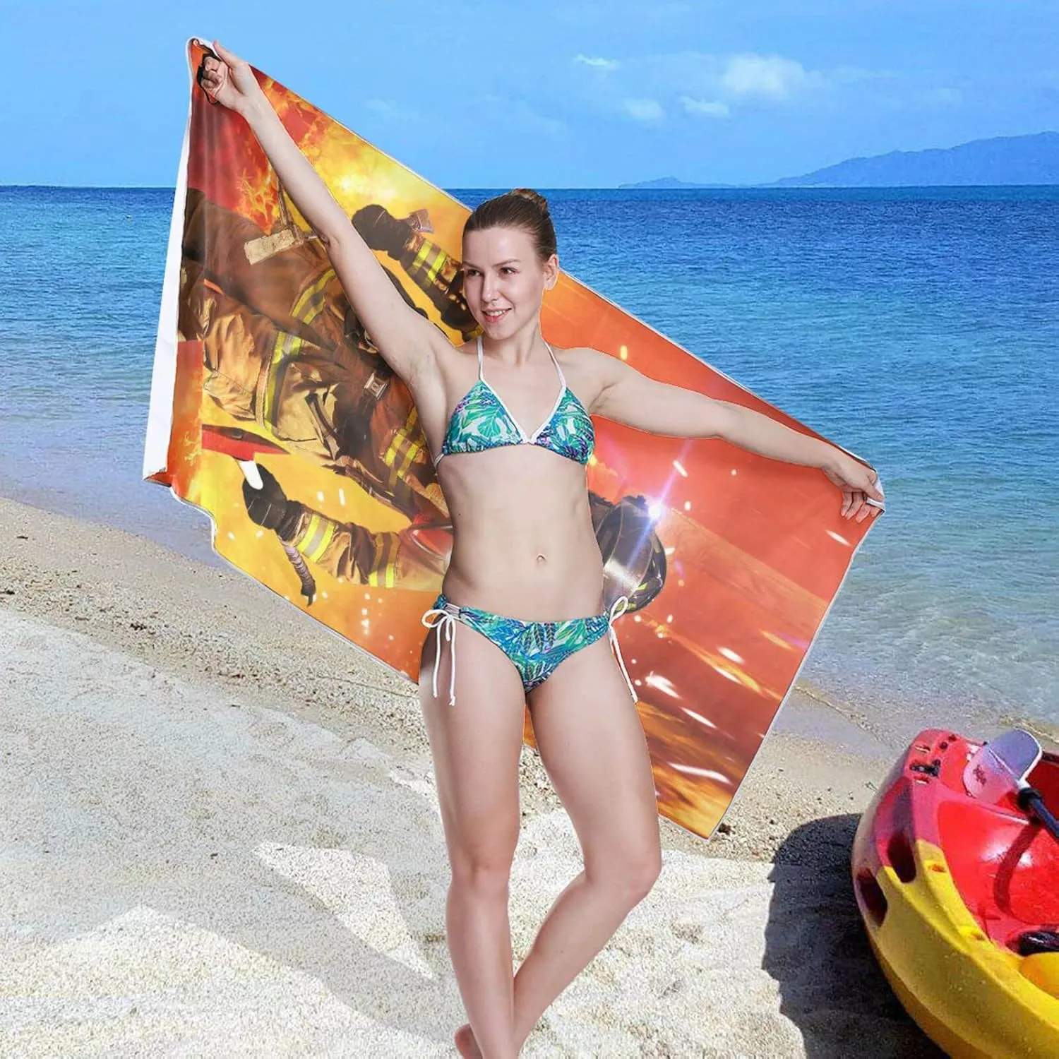 Oyihfvs Firefighter Survivors with Tools Fire Background Quick Drying Beach Towel, Foldable Yoga Towel, Soft Sport Towel, Sweat Absorbent Towel with Storage Mesh Bag 30 x 60 inch (S)