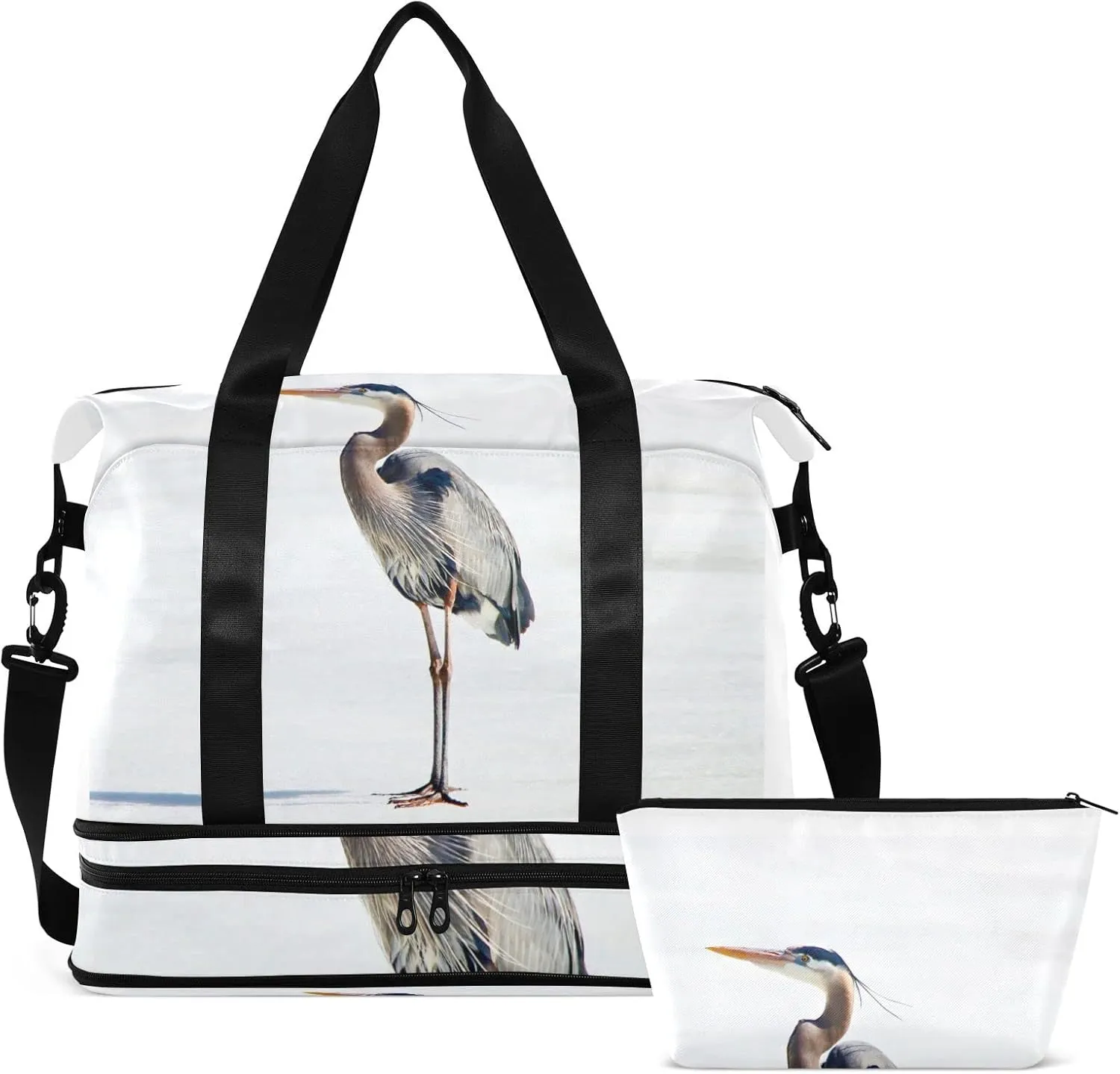 Oyihfvs Great Heron Standing with White Background Foldable Travel Bag, Camping Luggage bag, Portable Gym Bag, Sports Bag, Toiletry Bag with Handles Adjustable Shoulder Strap
