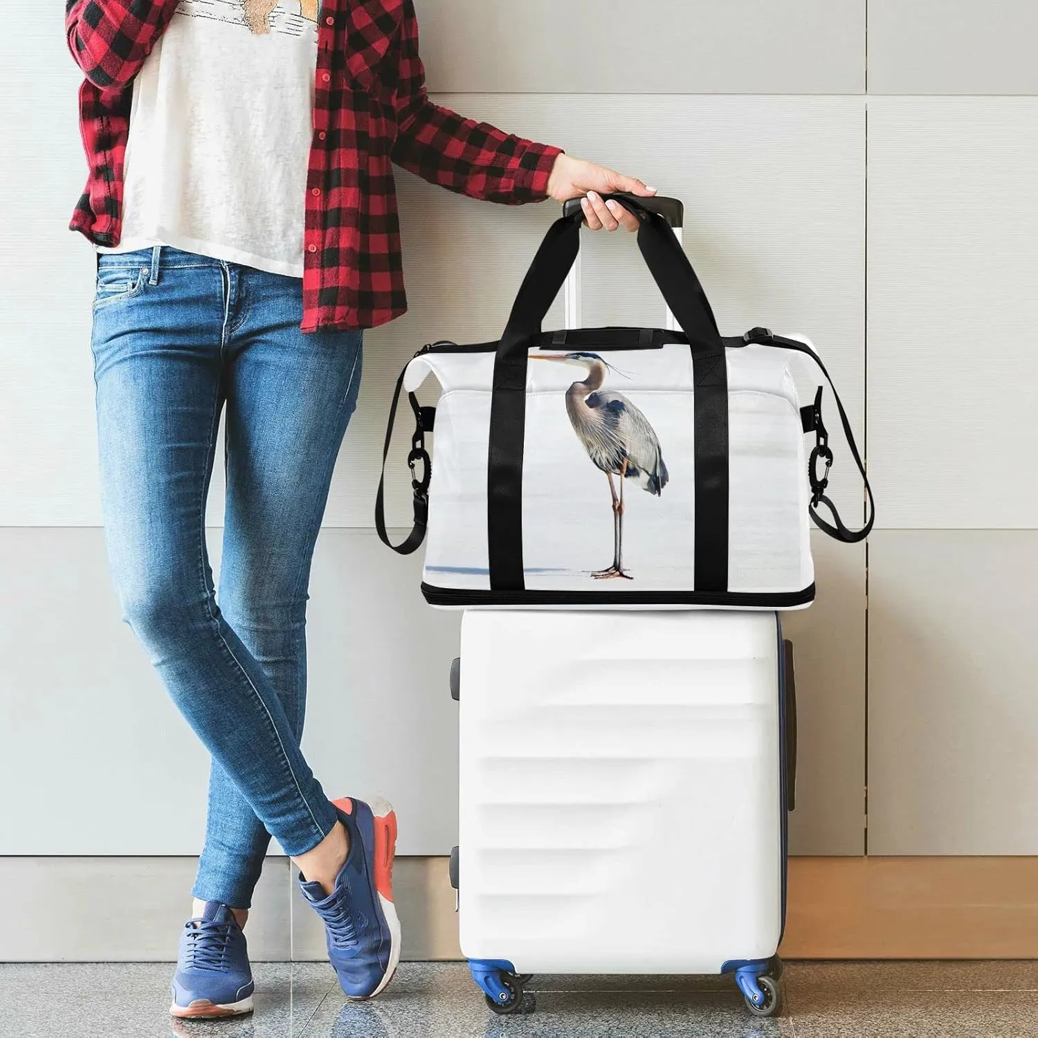 Oyihfvs Great Heron Standing with White Background Foldable Travel Bag, Camping Luggage bag, Portable Gym Bag, Sports Bag, Toiletry Bag with Handles Adjustable Shoulder Strap