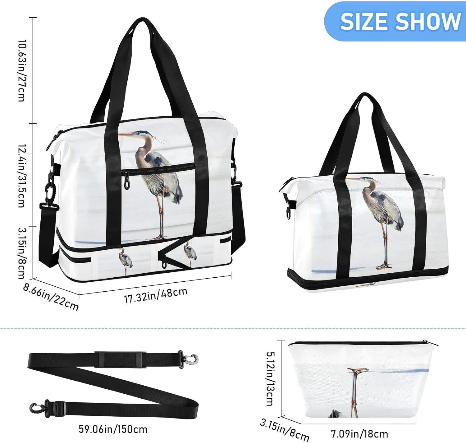 Oyihfvs Great Heron Standing with White Background Foldable Travel Bag, Camping Luggage bag, Portable Gym Bag, Sports Bag, Toiletry Bag with Handles Adjustable Shoulder Strap