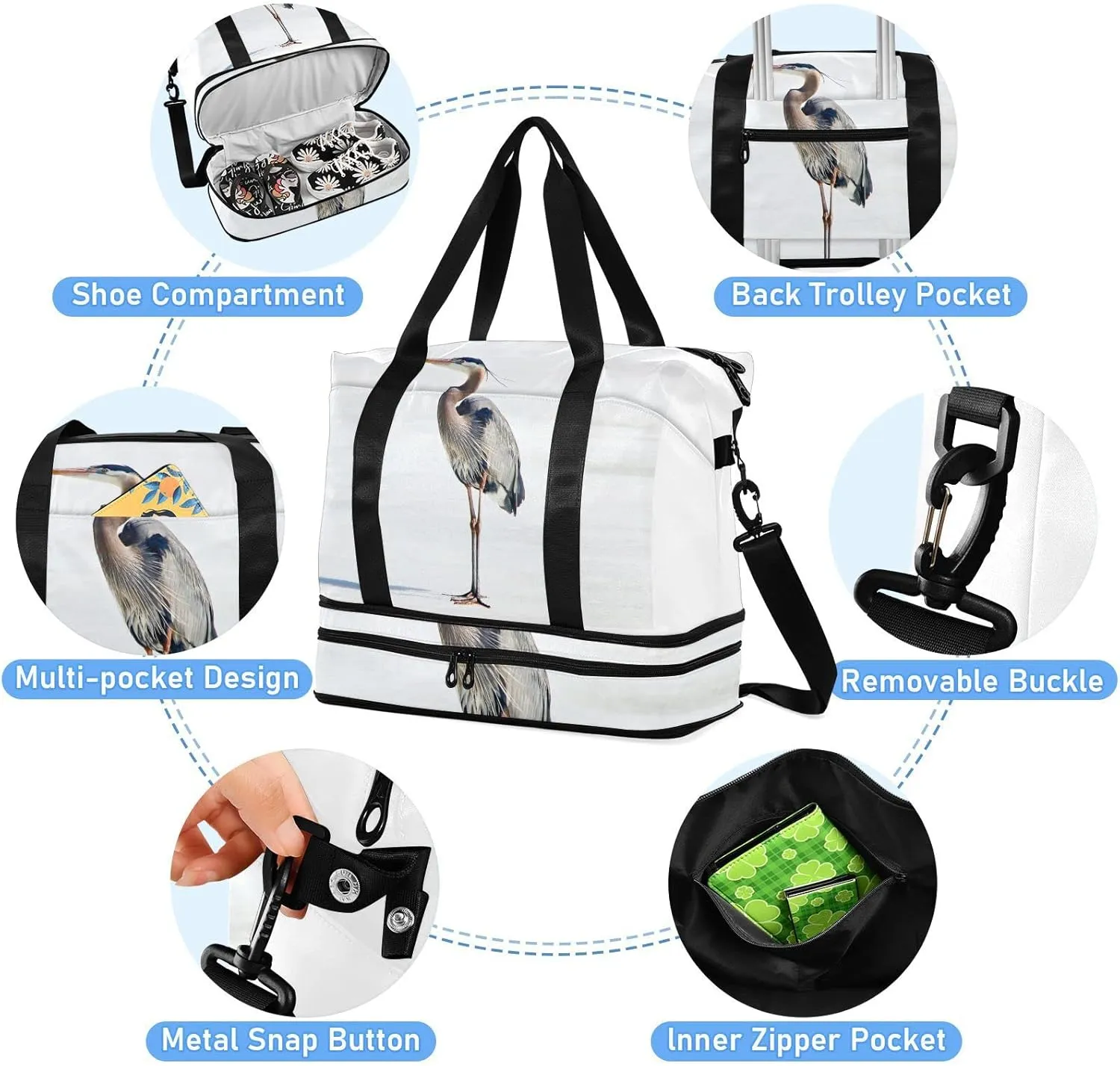 Oyihfvs Great Heron Standing with White Background Foldable Travel Bag, Camping Luggage bag, Portable Gym Bag, Sports Bag, Toiletry Bag with Handles Adjustable Shoulder Strap