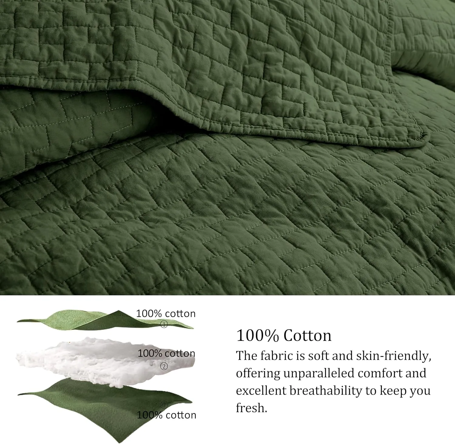 palassio Olive Green 100% Cotton Quilt Queen Size Bedding Sets with 2 Pillow Shams, Textured Lightweight Soft Bedspread Shabby Chic Coverlet, Quilted Comforter Bed Cover for All Season, 3 Pieces