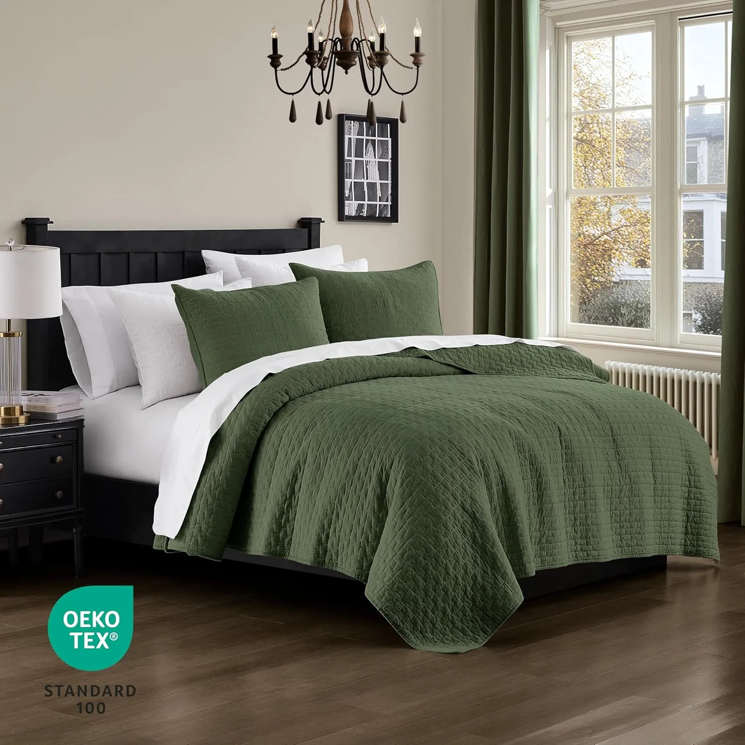 palassio Olive Green 100% Cotton Quilt Queen Size Bedding Sets with 2 Pillow Shams, Textured Lightweight Soft Bedspread Shabby Chic Coverlet, Quilted Comforter Bed Cover for All Season, 3 Pieces