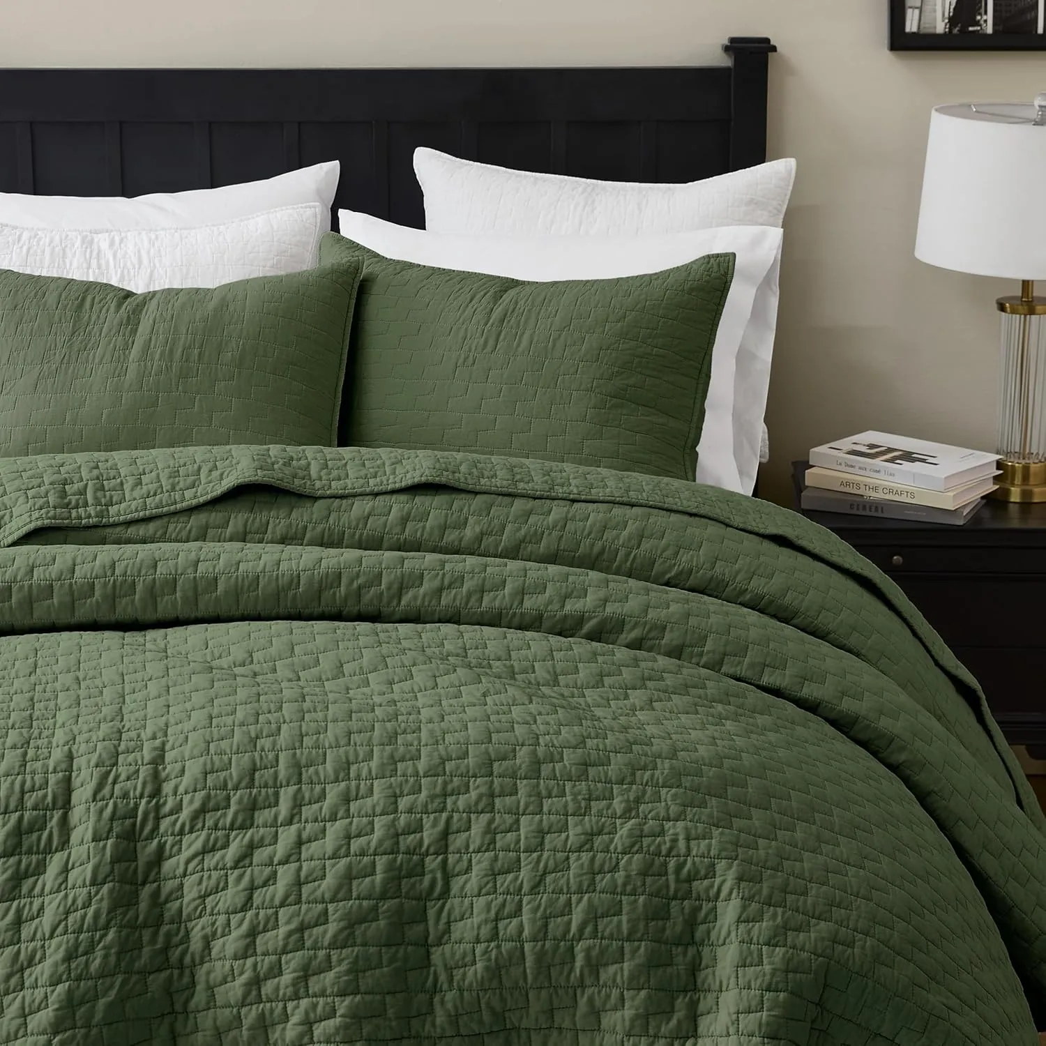 palassio Olive Green 100% Cotton Quilt Queen Size Bedding Sets with 2 Pillow Shams, Textured Lightweight Soft Bedspread Shabby Chic Coverlet, Quilted Comforter Bed Cover for All Season, 3 Pieces