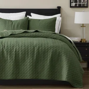 palassio Olive Green 100% Cotton Quilt Queen Size Bedding Sets with 2 Pillow Shams, Textured Lightweight Soft Bedspread Shabby Chic Coverlet, Quilted Comforter Bed Cover for All Season, 3 Pieces