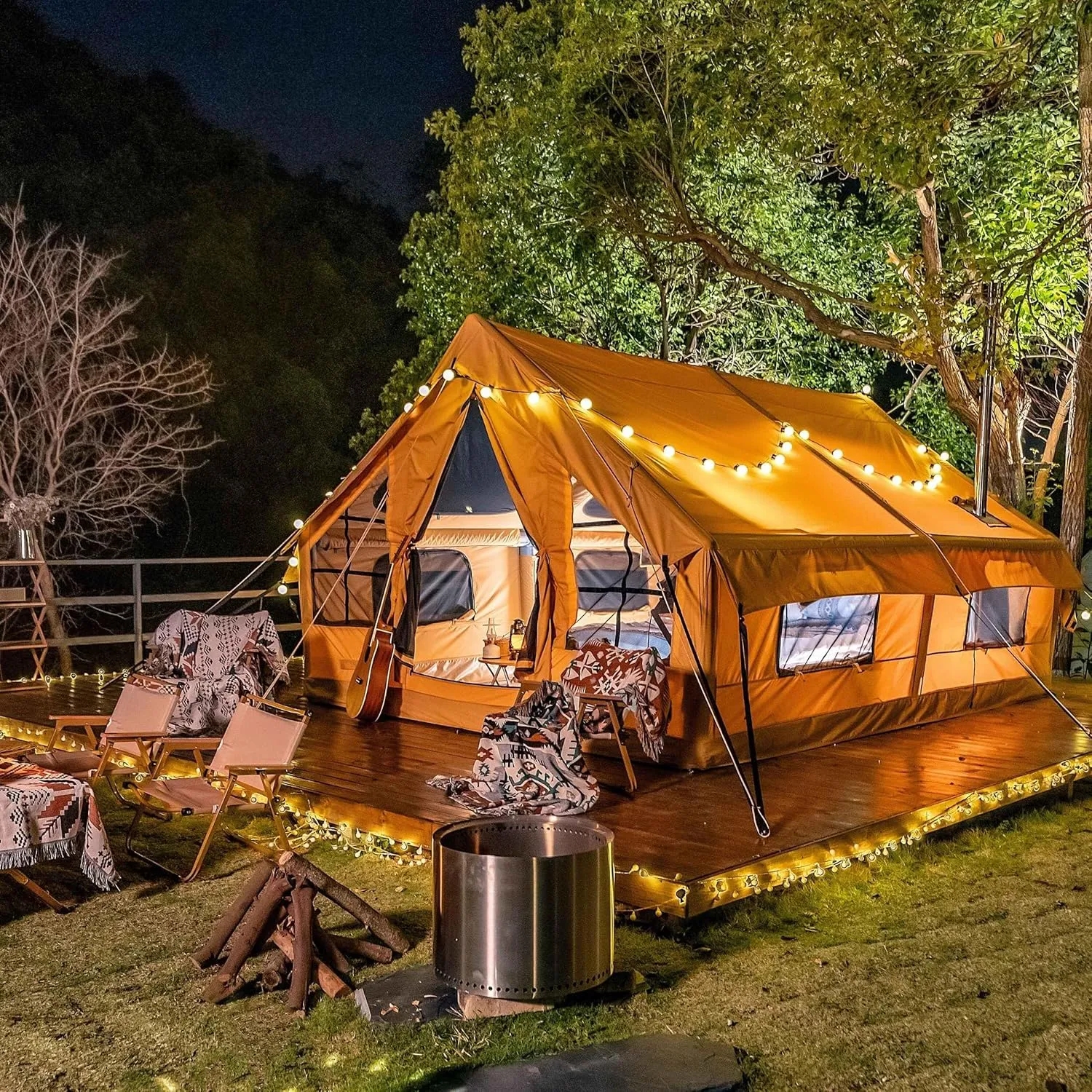 Panda Inflatable Tents for Camping with Stove Jack, Canvas Blow Up, Easy Setup Inflatable Tent, Waterproof Hot Inflatable Outdoor House, Casa de Campaña with Hand Pump