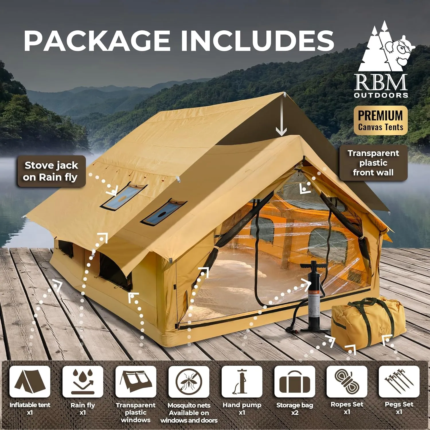 Panda Inflatable Tents for Camping with Stove Jack, Canvas Blow Up, Easy Setup Inflatable Tent, Waterproof Hot Inflatable Outdoor House, Casa de Campaña with Hand Pump