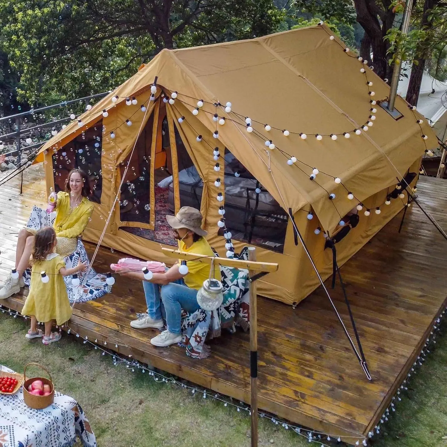 Panda Inflatable Tents for Camping with Stove Jack, Canvas Blow Up, Easy Setup Inflatable Tent, Waterproof Hot Inflatable Outdoor House, Casa de Campaña with Hand Pump