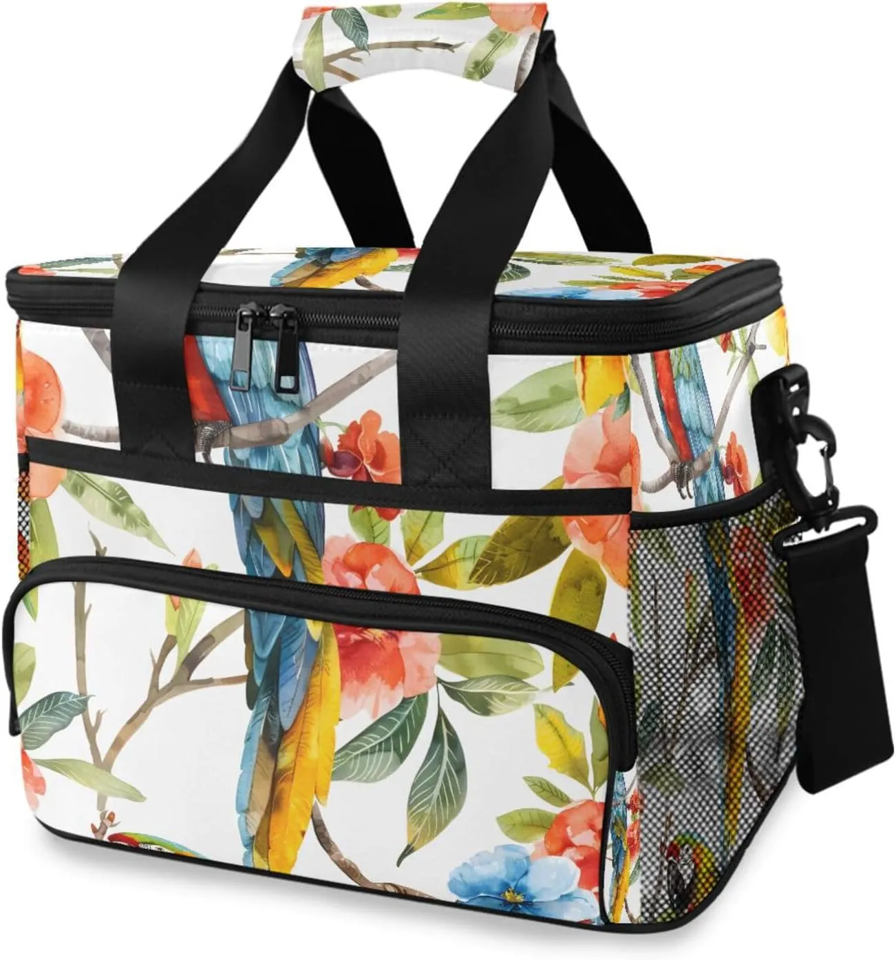 Parrot Tropical Bird Flower Cooler Bag Insulated Cooler Soft Sided Cooler 24 Can Portable Picnic Bag Large Leakproof Lunch Bag Box for Beach Grocery Camping Travel Car Men Women