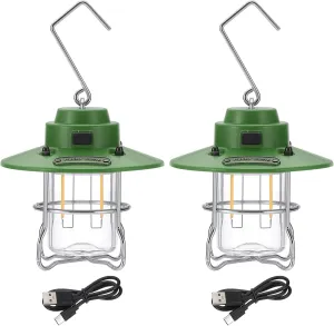 PATIKIL LED Camping Lantern, 2 Pack Vintage Rechargeable Lantern 3 Light Modes Portable Hanging Outdoor Tent Light for Camping, Hiking, Fishing, Green 3.66 Inch