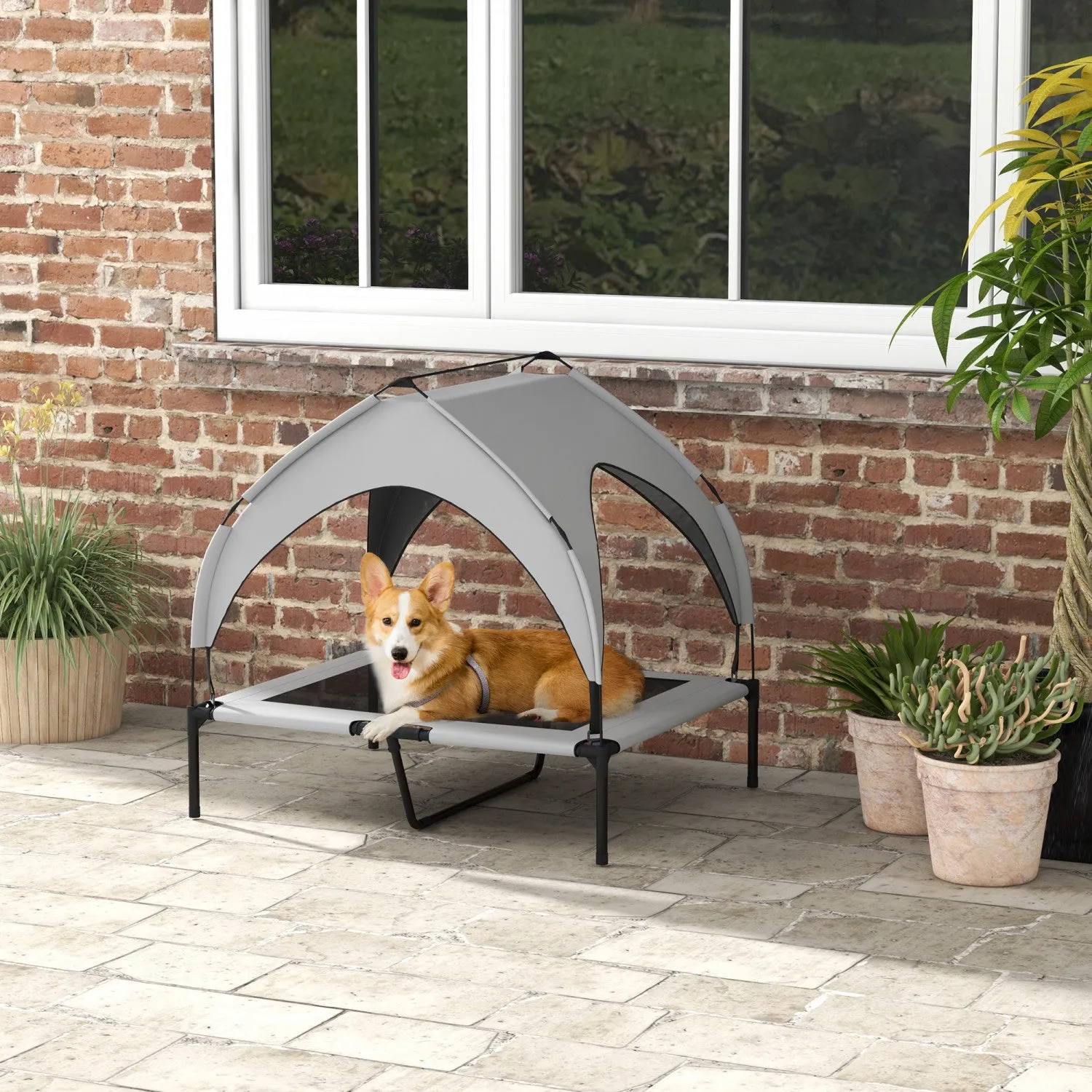 Pawhut Elevated Dog Bed With Canopy, Cooling Dog Cot Bed For Camping, Portable Raised Pet Cot With W|Pawhut Lit Sureleve Pour Chien Avec Auvent, Lit Rafraichissant, Lit Sureleve Portable Avec Maille Re