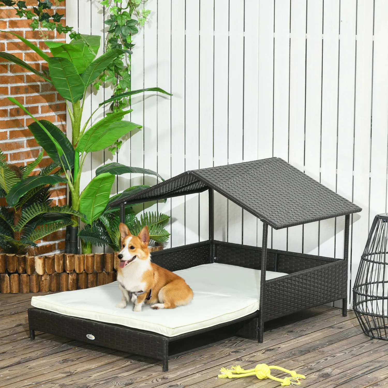 Pawhut Elevated Rattan Dog House Outdoor With Canopy, Extendable Wicker Dog Bed With Water-resistant|Pawhut Niche Pour Chien En Rotin Extensible Pour Exterieur Et Interieur Avec Toit, Lit Sureleve En O