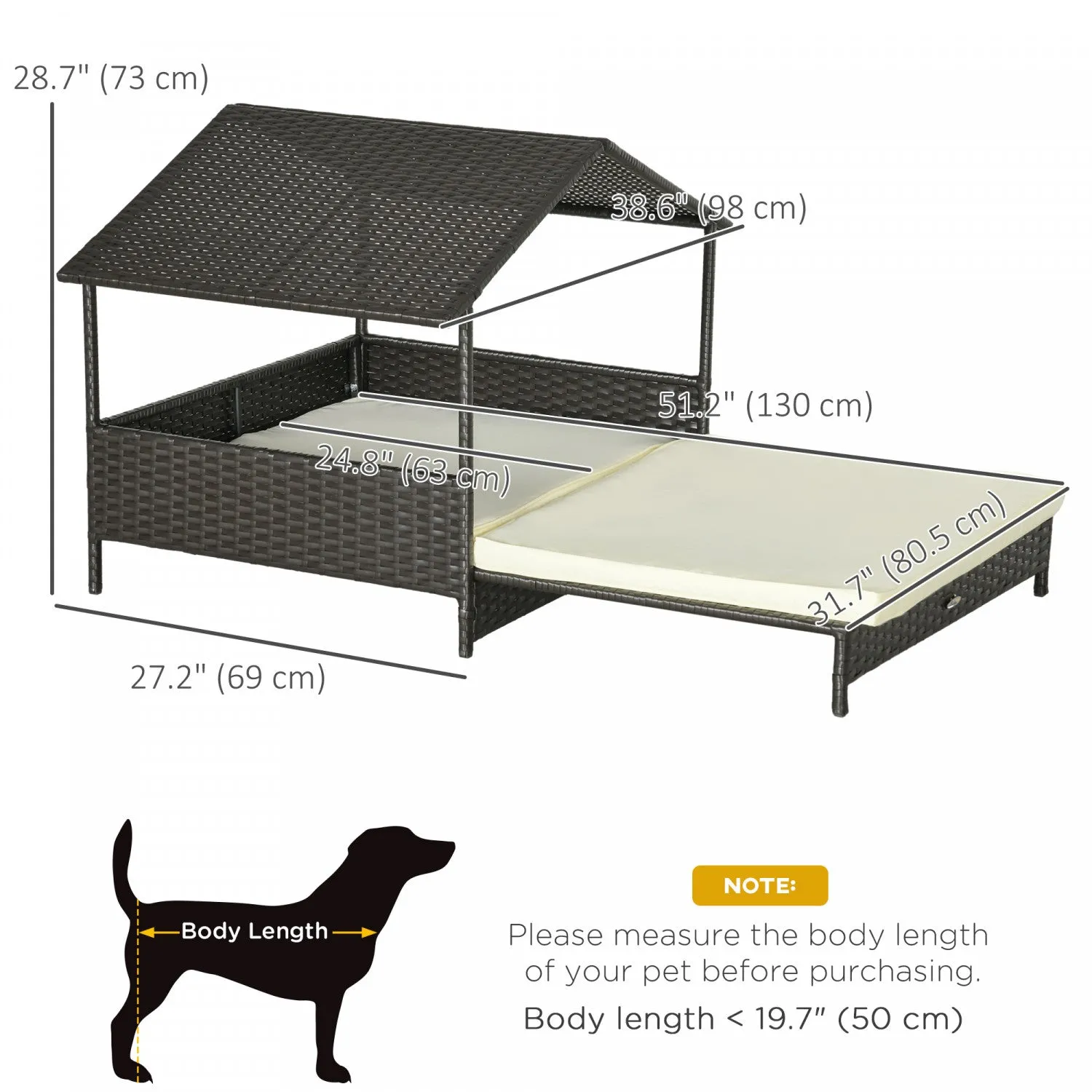 Pawhut Elevated Rattan Dog House Outdoor With Canopy, Extendable Wicker Dog Bed With Water-resistant|Pawhut Niche Pour Chien En Rotin Extensible Pour Exterieur Et Interieur Avec Toit, Lit Sureleve En O