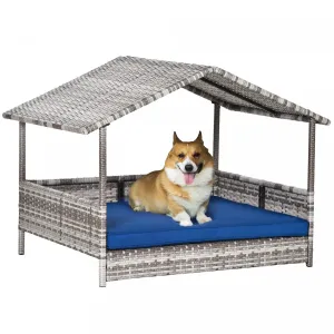 Pawhut Elevated Rattan Dog House Outdoor With Canopy, Wicker Dog Bed With Water-resistant Cushion, F|Pawhut Lit Pour Chien En Rotin Sureleve Pawhut Lit De Chien En Osier Exterieur Meubles Pour Animaux