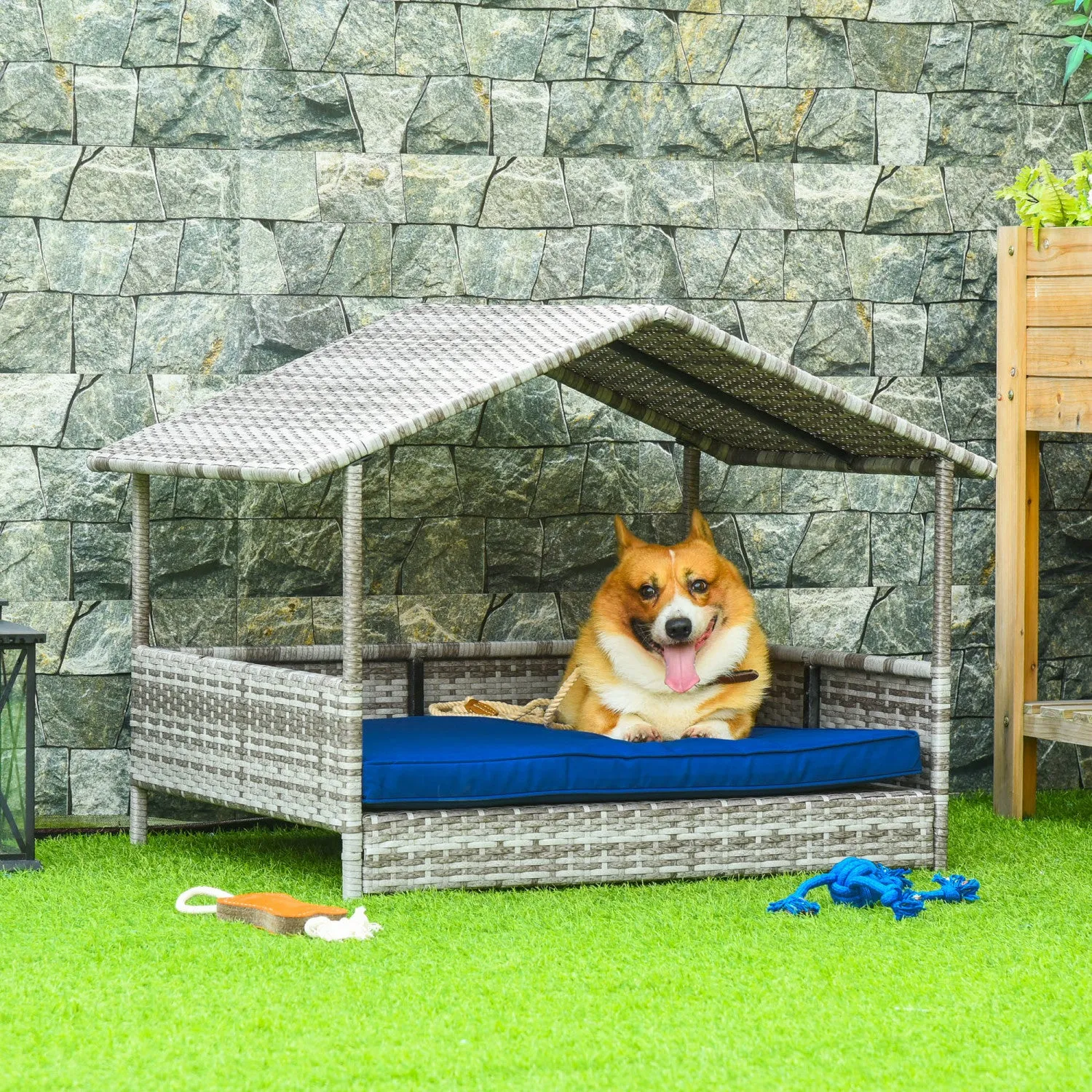 Pawhut Elevated Rattan Dog House Outdoor With Canopy, Wicker Dog Bed With Water-resistant Cushion, F|Pawhut Lit Pour Chien En Rotin Sureleve Pawhut Lit De Chien En Osier Exterieur Meubles Pour Animaux
