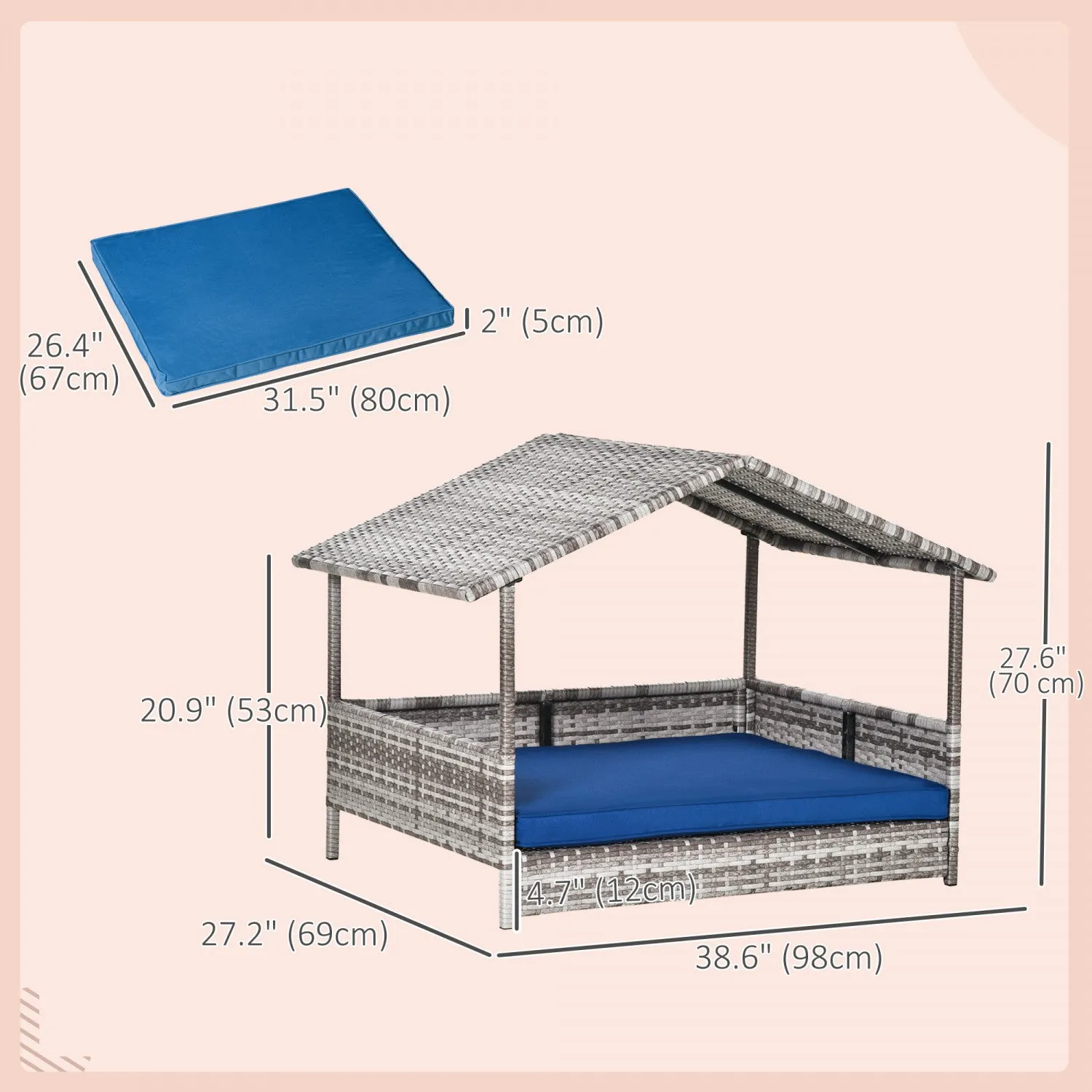 Pawhut Elevated Rattan Dog House Outdoor With Canopy, Wicker Dog Bed With Water-resistant Cushion, F|Pawhut Lit Pour Chien En Rotin Sureleve Pawhut Lit De Chien En Osier Exterieur Meubles Pour Animaux