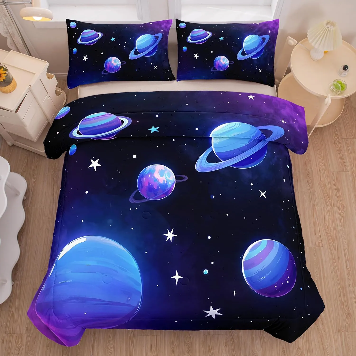 Peopleareok Galaxy Comforter Set Full(79x90 Inch), 3 Pieces 3D Space Planets Bedding Set for Teens Boys Girls, Super Soft Lightweight for All Seasons, Includes 1 Comforter and 2 Pillowcase