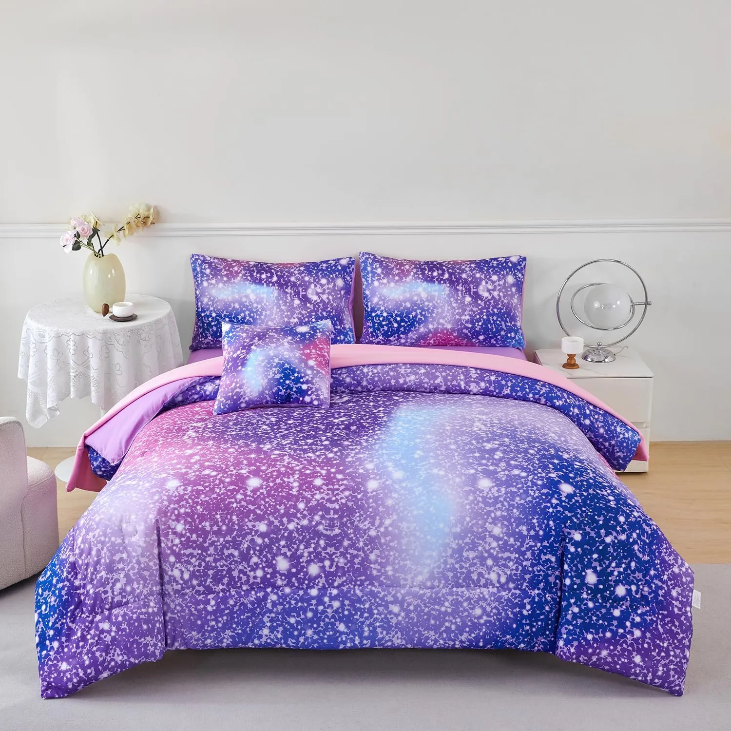 PERFEMET Girls Twin Comforter Set with Sheets 6-Piece Bed in a Bag Rainbow Fluffy Bedding Set for Girls Kids 3D Colorful Tie Dye Bedroom Bed Set (Purple Pink, Twin)