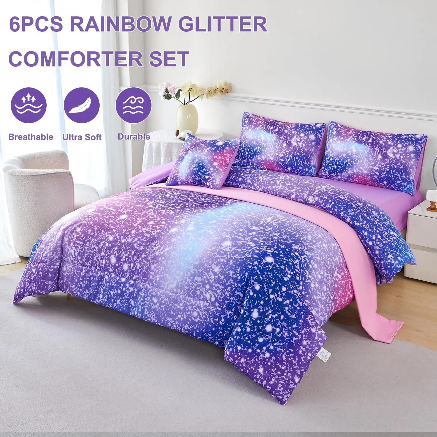 PERFEMET Girls Twin Comforter Set with Sheets 6-Piece Bed in a Bag Rainbow Fluffy Bedding Set for Girls Kids 3D Colorful Tie Dye Bedroom Bed Set (Purple Pink, Twin)