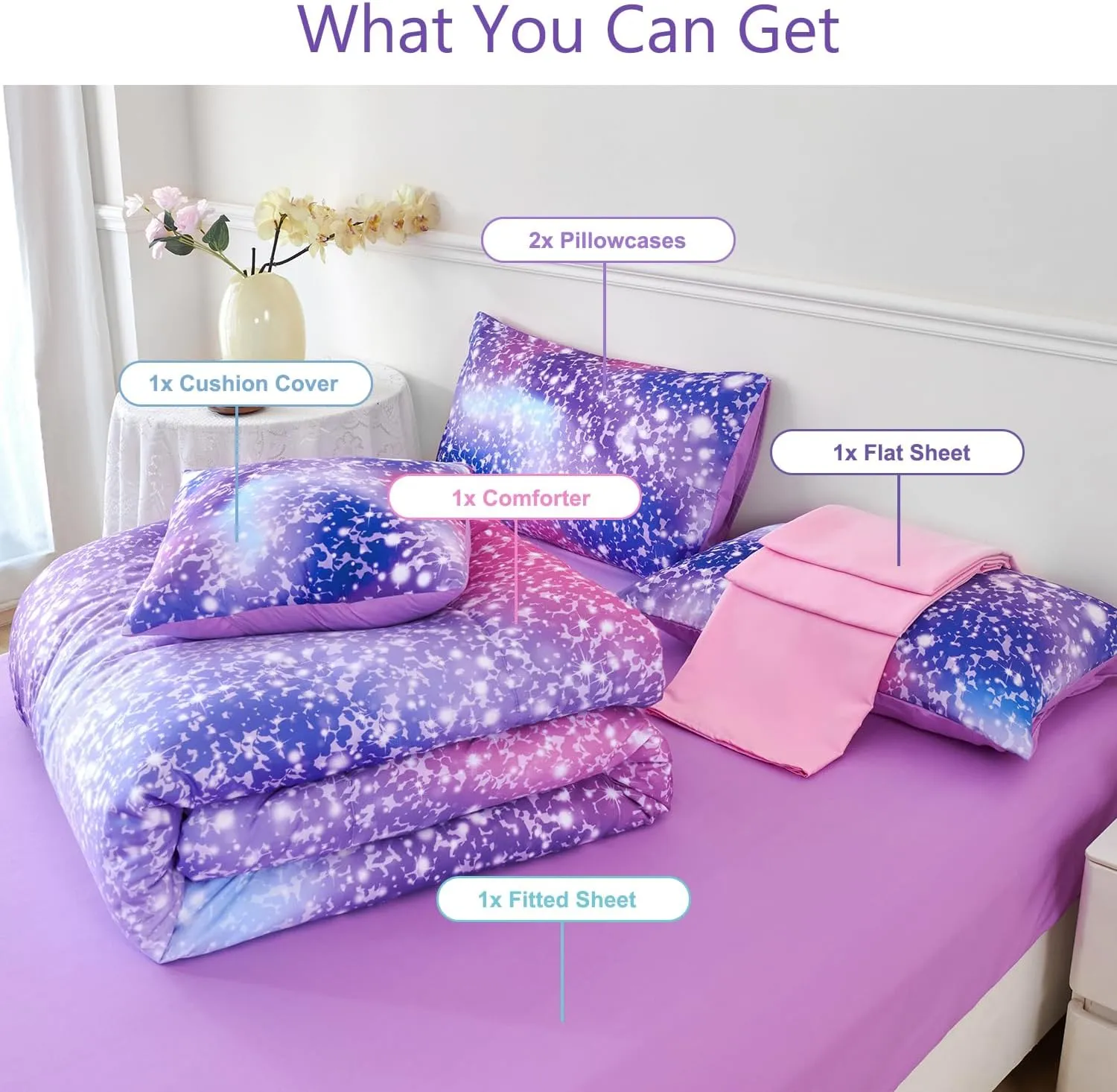 PERFEMET Girls Twin Comforter Set with Sheets 6-Piece Bed in a Bag Rainbow Fluffy Bedding Set for Girls Kids 3D Colorful Tie Dye Bedroom Bed Set (Purple Pink, Twin)