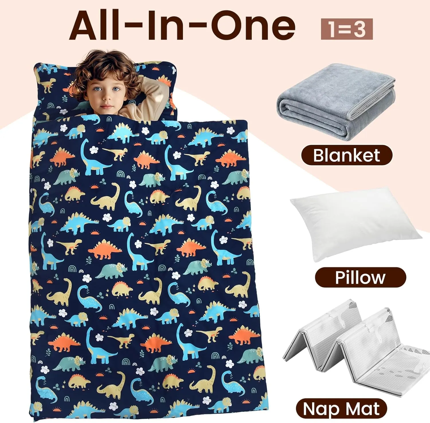 PHF Dinosaur Toddler Nap Mat Set, with Removable Pillow for Toddler Boys, Soft and Lightweight for Daycare, Preschool, Travel, Kindergarten Sleeping Bag, Fits Ages 3-6 Years, Dinosaur