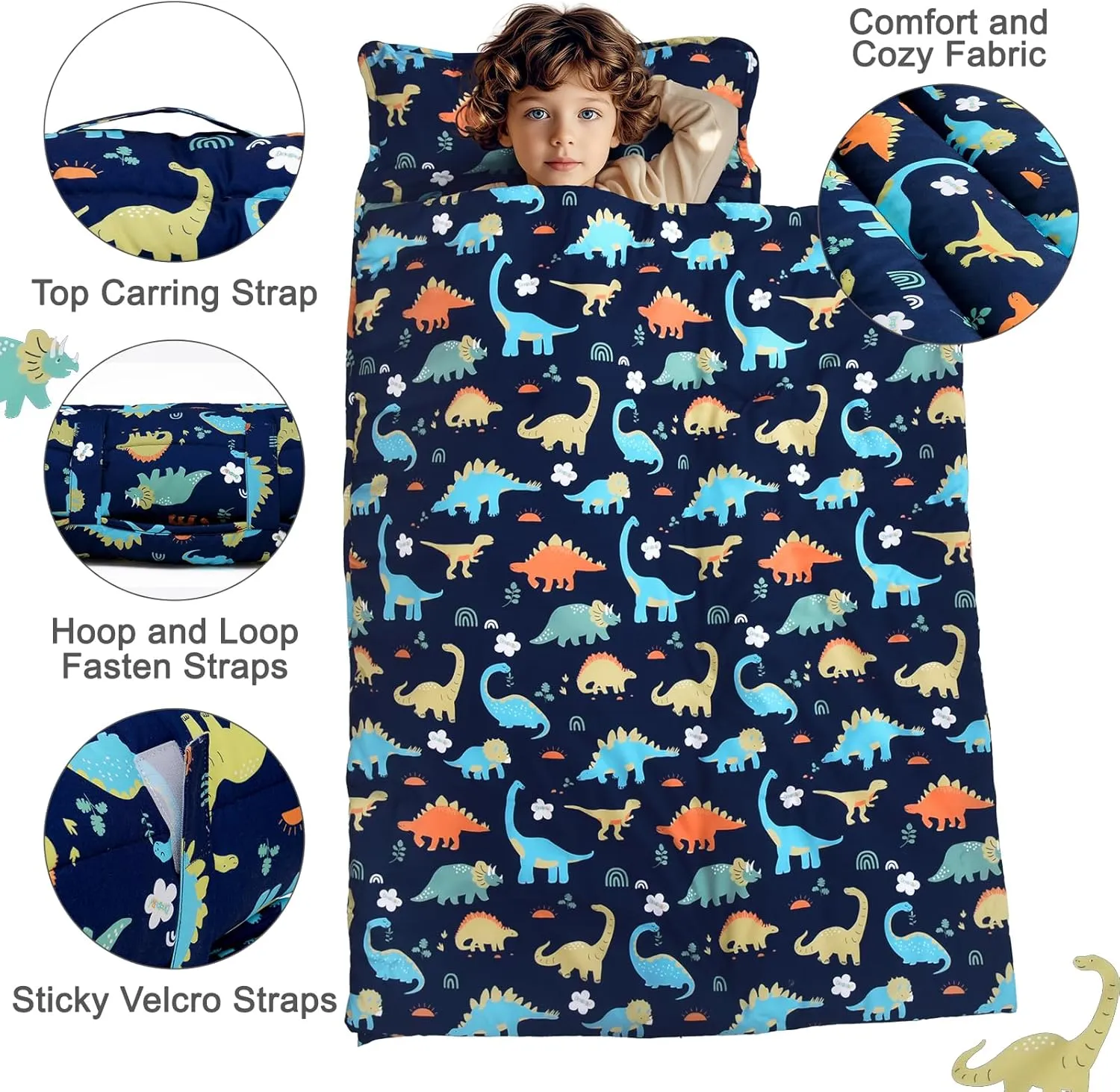 PHF Dinosaur Toddler Nap Mat Set, with Removable Pillow for Toddler Boys, Soft and Lightweight for Daycare, Preschool, Travel, Kindergarten Sleeping Bag, Fits Ages 3-6 Years, Dinosaur