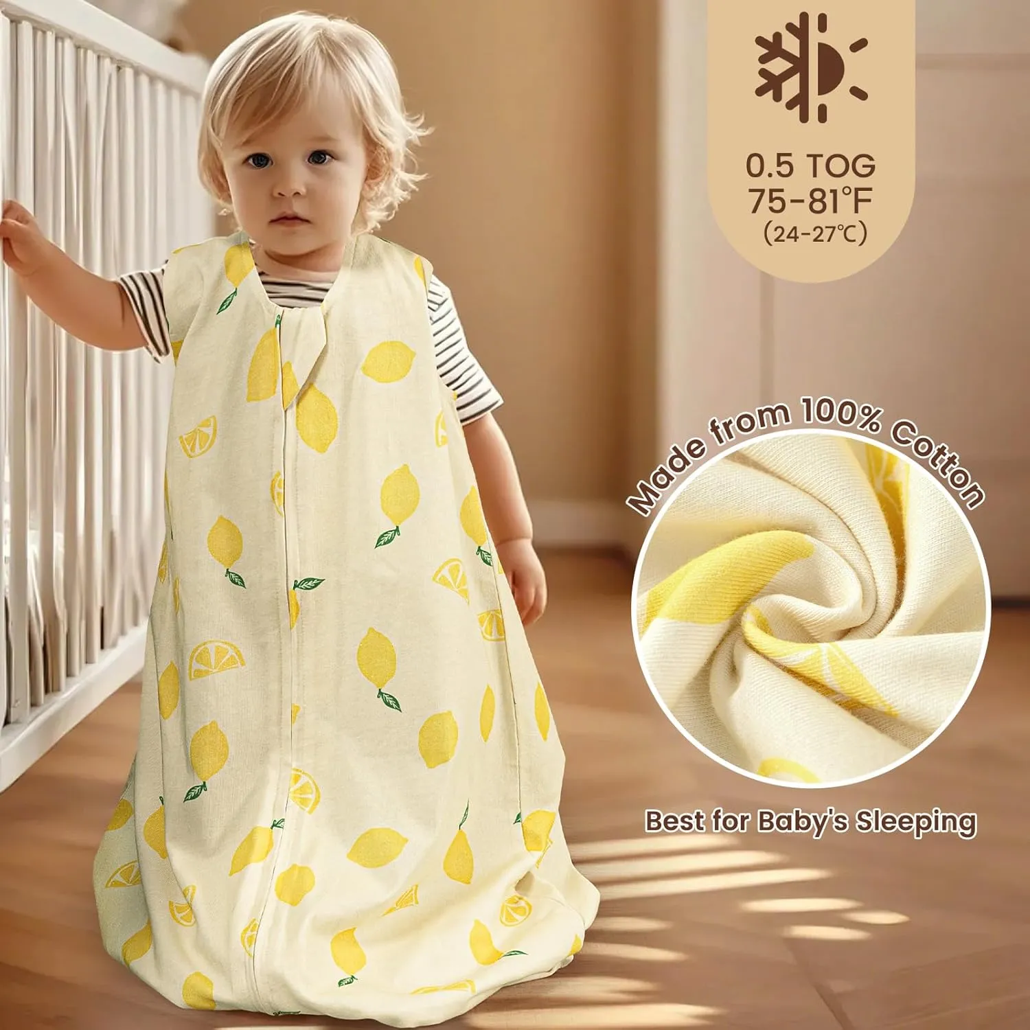 PHF Soft Baby Sleep Sack 18-24 Months 100% Cotton Wearable Blanket, 2-Way Zipper 0.5 TOG Toddler Sleeping Sack 3 Pack, Comfy Sleep Bag for Baby Boys Girls, Lemon (X-Large)