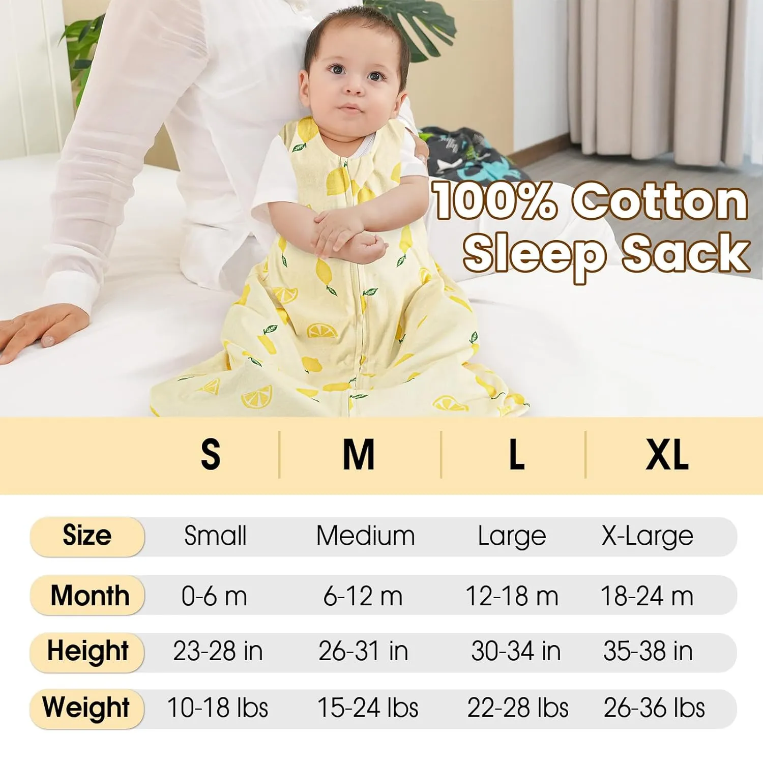 PHF Soft Baby Sleep Sack 18-24 Months 100% Cotton Wearable Blanket, 2-Way Zipper 0.5 TOG Toddler Sleeping Sack 3 Pack, Comfy Sleep Bag for Baby Boys Girls, Lemon (X-Large)