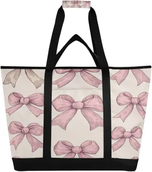 Pink Bow Reusable Insulated Lunchbox Cooler Bag, Leakproof Kitchen Grocery Bag Collapsible Portable Cooler Tote Bag for Picnic, Camping, Office, Travel