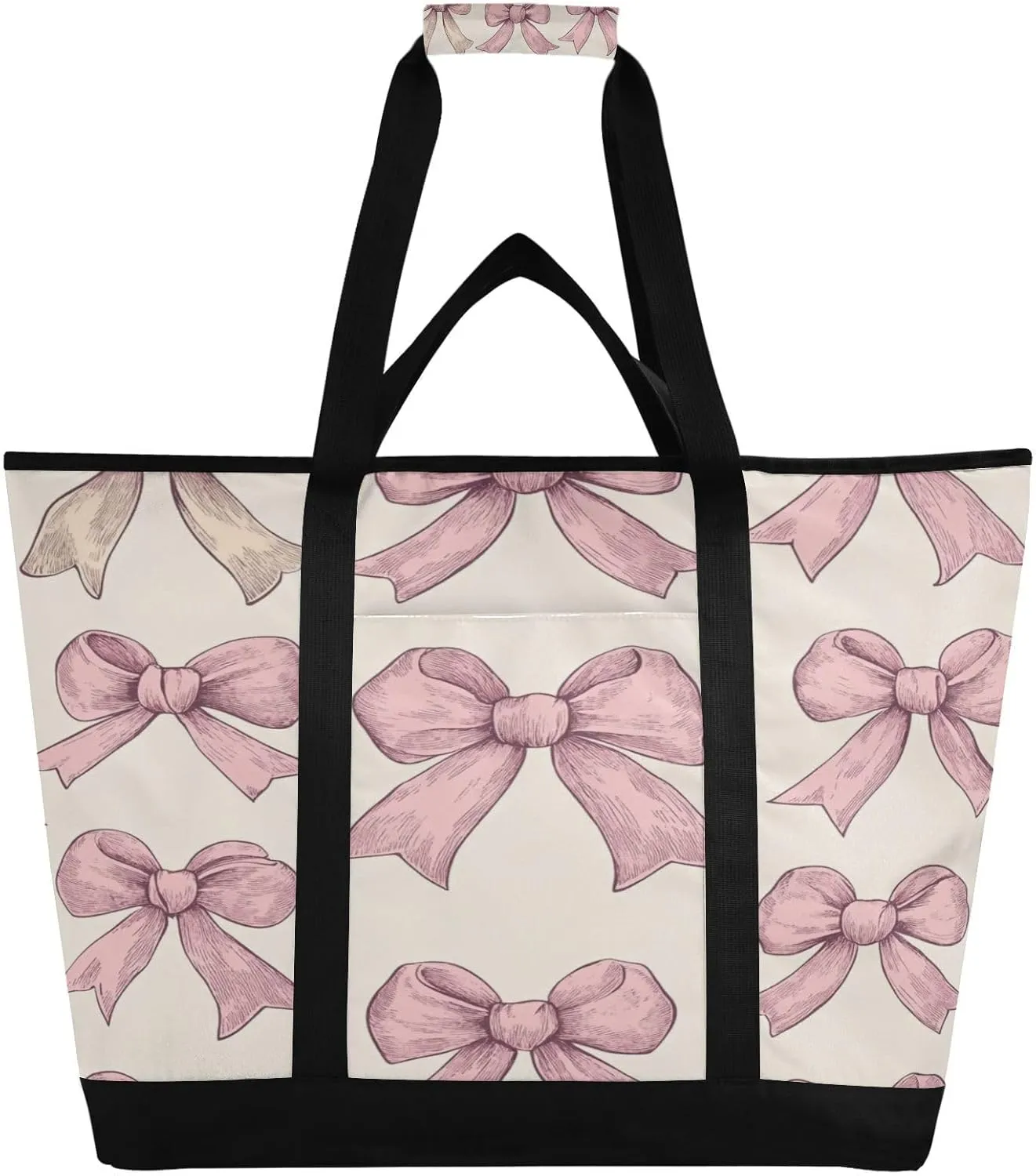 Pink Bow Reusable Insulated Lunchbox Cooler Bag, Leakproof Kitchen Grocery Bag Collapsible Portable Cooler Tote Bag for Picnic, Camping, Office, Travel